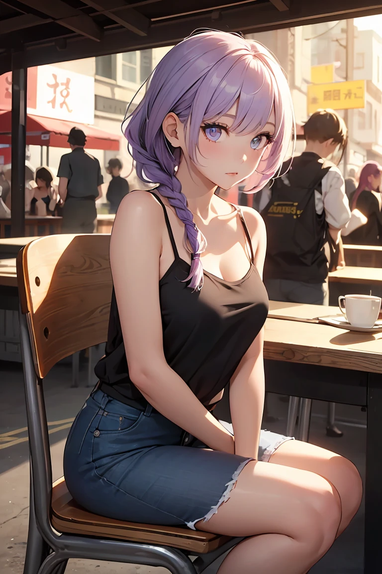 ((1 Girl)), (Low Angle), (Looking up), Sexy look, Latest Trends in Clothing, Sit on a chair, Neon Color Fashion, Put your hands in your pockets, Street fashion,camisole , mini skirt, Cowboy Shot,((Very detailed,Highest quality, High resolution, 8k wallpaper, Beautiful clothes,)),((Light purple hair, Shortcuts,Braided hair)) ,eye shadow, eyeliner,Glowing Eyes, Very detailedな目, Clear Eyes, Beautiful Eyes, 18-year-old girl.