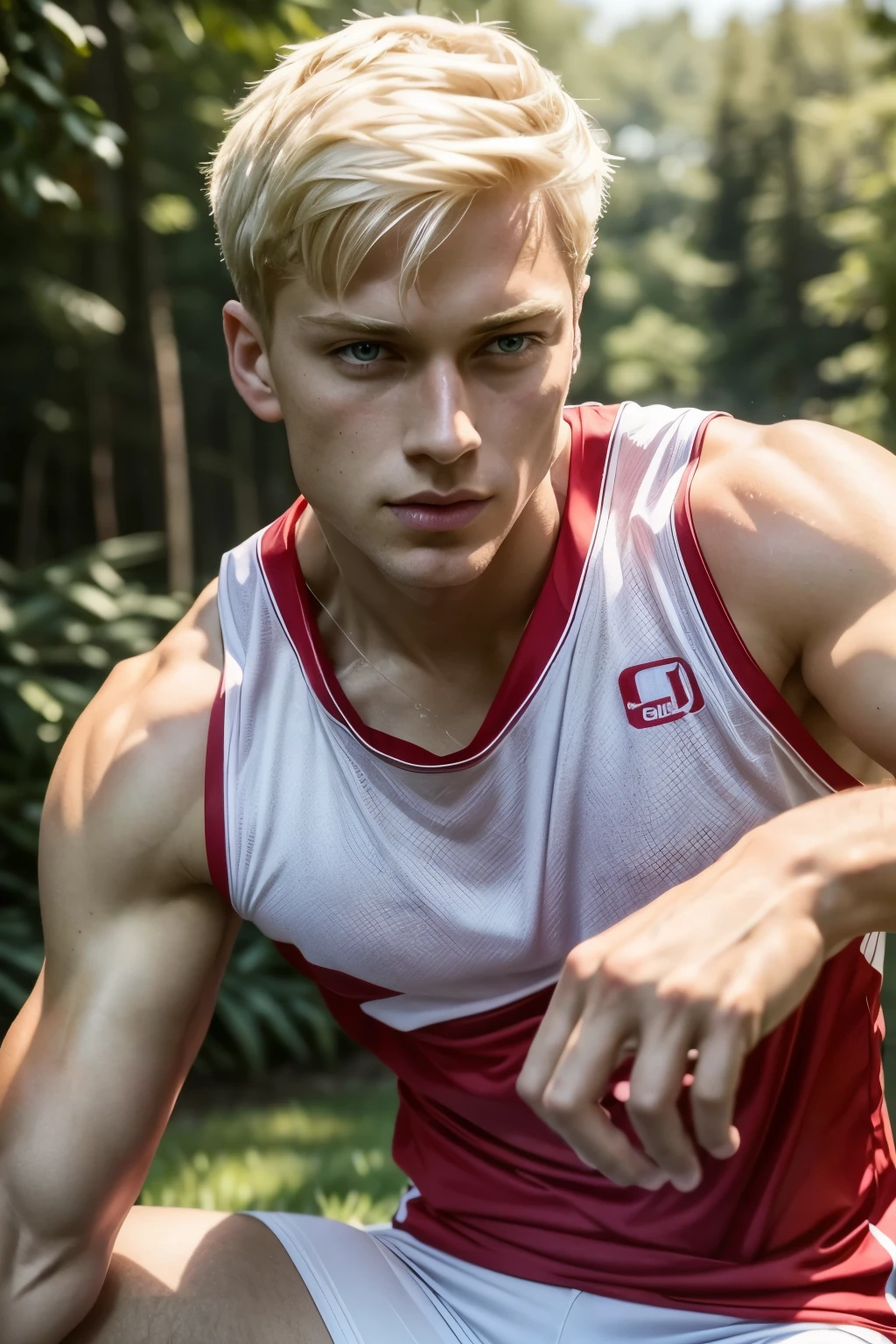 Stunning Blond Man inWhite and Red Sports Attire, 9:16 Ratio,
High Resolution, Masterpiece: 1.3, Athletic Blond Man, Masterpiece, Detailed Facial Features, Radiant Blue Eyes, Muscular Build, 1Man, Chiseled Jawline, Defined Abs, White Tight Shirt, Red Track Pants, Detailed Clothing Textures, Nike Sneakers, Accessorized with Sports Watch, Headphones, and Sunglasses, Outdoor Setting, Bright Sunshine, Blue Sky, Green Grass, Sports Car in the Background, Ray Tracing, Super Detailing Viewer, Close-Up Shot