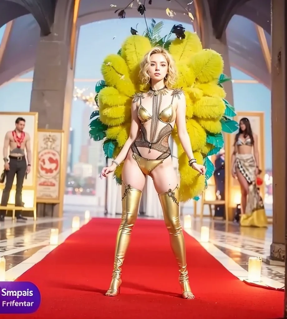 Cute 18 year old girl, beautiful wide eyes, beautiful straight and smooth feather, Nothing Photos Frame, Carnival Bikini Woman suit, short curly hair, blonde hair, beautiful face, rain, roof, masterpiece, exquisite details, perfect anatomy, fighting stance Realistic