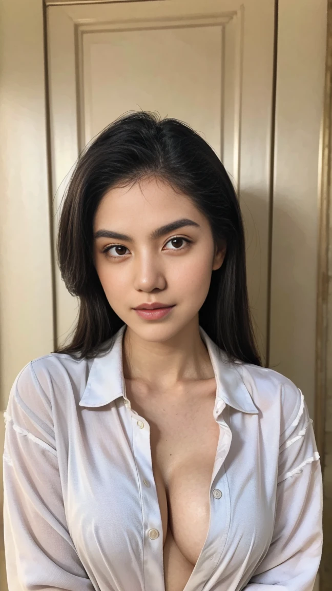 a pretty woman, dressed in white shirt, full body portrait, nice perfect face with perfect face, hyper realistic concept, 8k resolution, photography quality, posing for a photo, photo realistic, ((half open shirt))