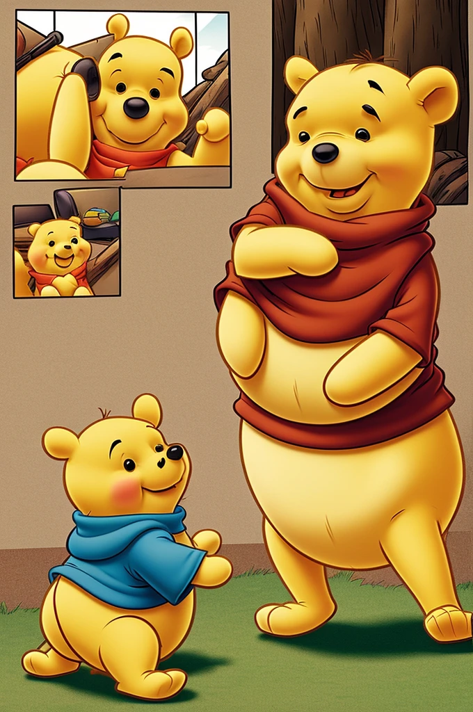 Winnie the Pooh looking and squeezing his own belly in the mirror