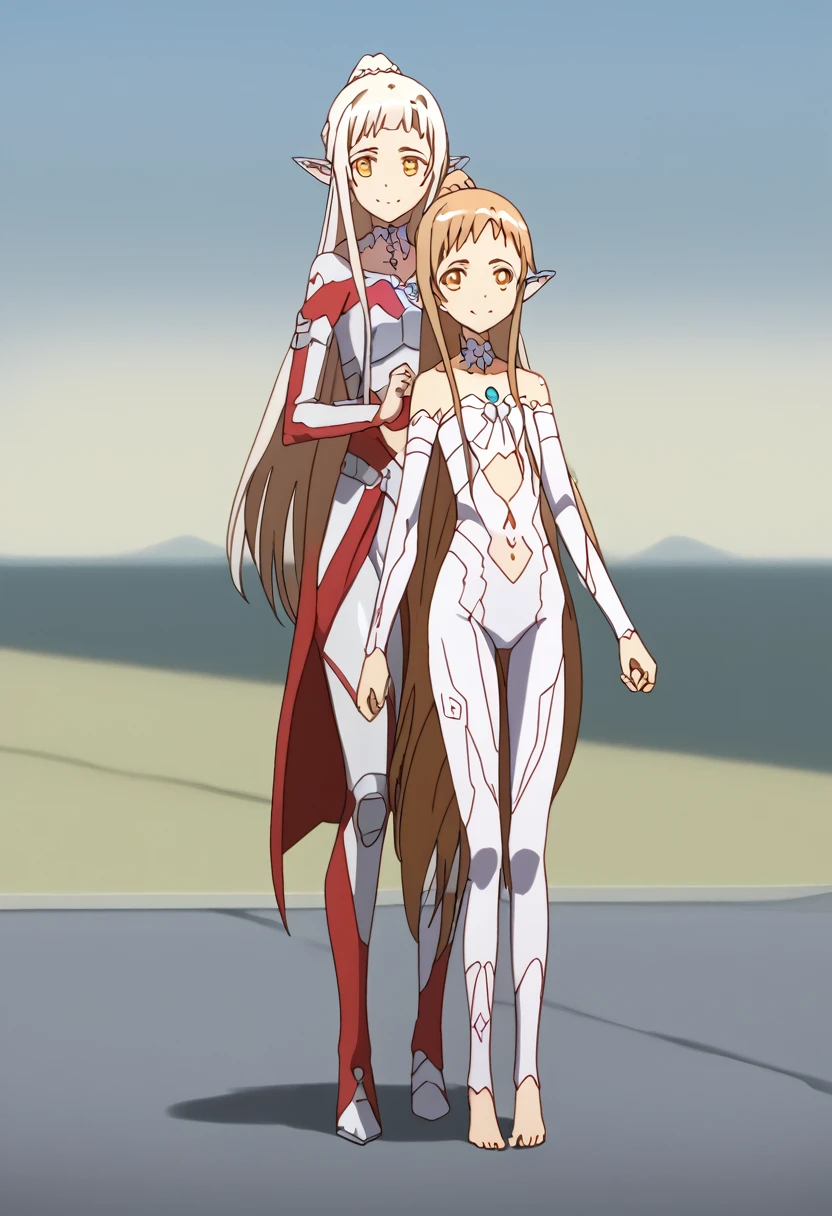 2girls, multiple girls, Two female characters,(mother and daughter:1.3), height difference, anime style, 4k quality, masterpiece, best quality, sword art online, "asuna is mother has height 150cm, long hair, white hair, very long hair, high ponytail, pointy ears, elf, ear covers, medium breasts ","yui is daughter has height 120cm, long hair, white hair, very long hair, high ponytail, pointy ears, elf, flat chest", barefoot, collarbone, ultrawoman, ultragirl, bodysuit, robot, colored skin, glowing eyes, yellow eyes, giantess, giant, metallic face, metallic skin, shiny skin, chrome skin, gem on chest, colour timer on chest, chest jewel, blue jewel, muscular, thick_thighs, holding hands, full body, smile, closed mouth, standing, giantess, outdoor, city, citycape, skyscraper