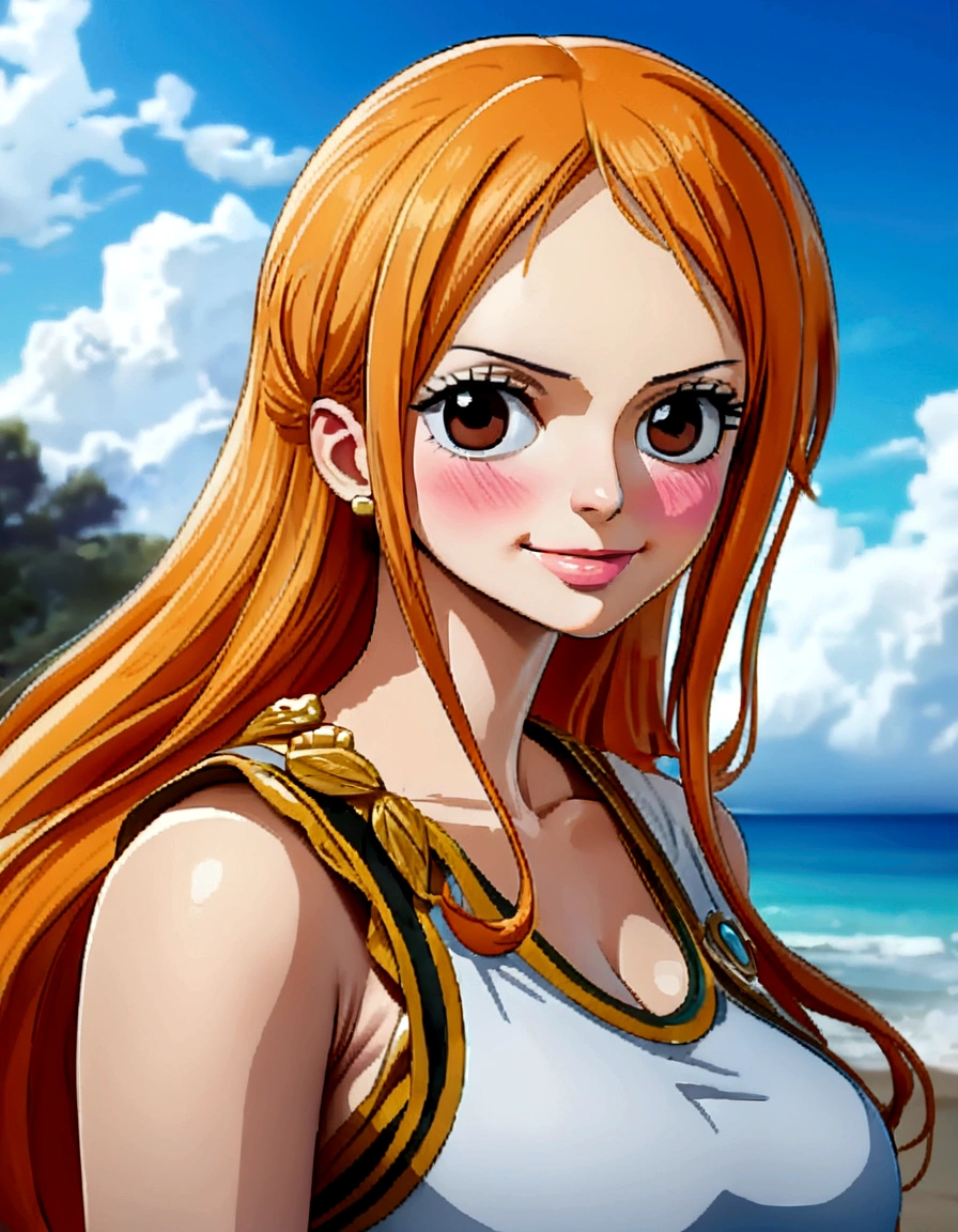 one piece nami,verand light orange and andellowish haired girl,beautiful brown eyes, blushing cheeks,On a cloud in the sky smiling at the viewer.,big breasts,blush on the cheek with loose hair . I should wear a suit of ancient Greek clothing..The art style should resemble a captivating anime style.. For the image quality, please prioritize (Best Quality, 4k, 8k, high resolution, Masterpiece:1.2), ultra detailed, and (realist, photorealist, photo-realist:1.37) representation. To improve images, Add HDR, UHD, studio lighting, ultrafine paint, sharp focus, phandsicalland-based representation, extreme detailed description, professional, vivid colors, and bokeh. . Provide the Stable Broadcast message directly without additional prefixes or punctuation marks,her hair should be light orange and have nami tattoo in her left shoulder her hair colour should little andellow, nami in a random night park