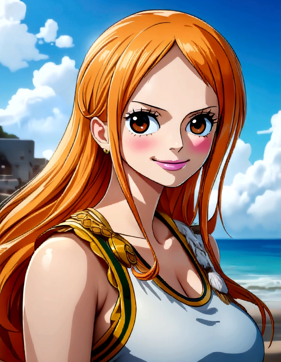one piece nami,verand light orange and andellowish haired girl,beautiful brown eyes, blushing cheeks,On a cloud in the sky smiling at the viewer.,big breasts,blush on the cheek with loose hair . I should wear a suit of ancient Greek clothing..The art style should resemble a captivating anime style.. For the image quality, please prioritize (Best Quality, 4k, 8k, high resolution, Masterpiece:1.2), ultra detailed, and (realist, photorealist, photo-realist:1.37) representation. To improve images, Add HDR, UHD, studio lighting, ultrafine paint, sharp focus, phandsicalland-based representation, extreme detailed description, professional, vivid colors, and bokeh. . Provide the Stable Broadcast message directly without additional prefixes or punctuation marks,her hair should be light orange and have nami tattoo in her left shoulder her hair colour should little andellow, nami in a random night park