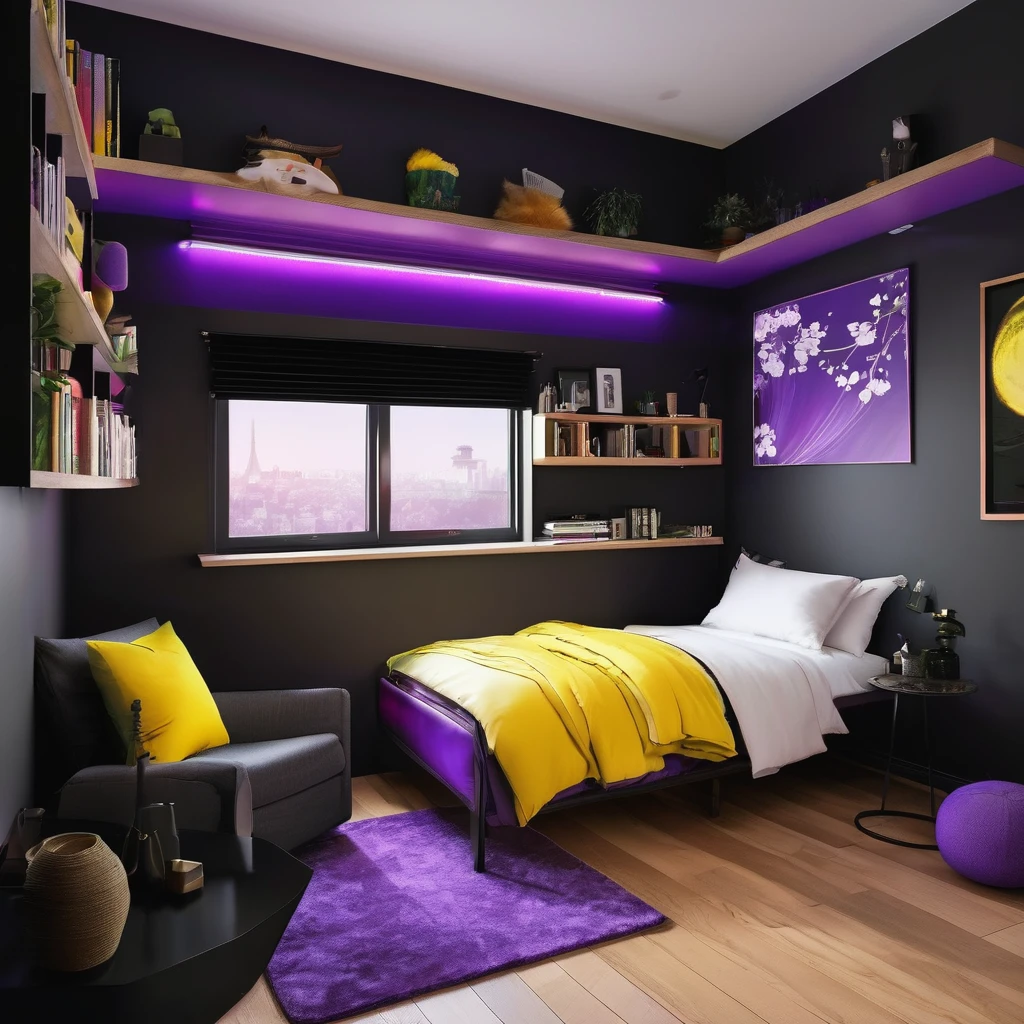 room, snug, streamer, Black color, purple, White, yellow, with bed, windowed, streamer room, black background