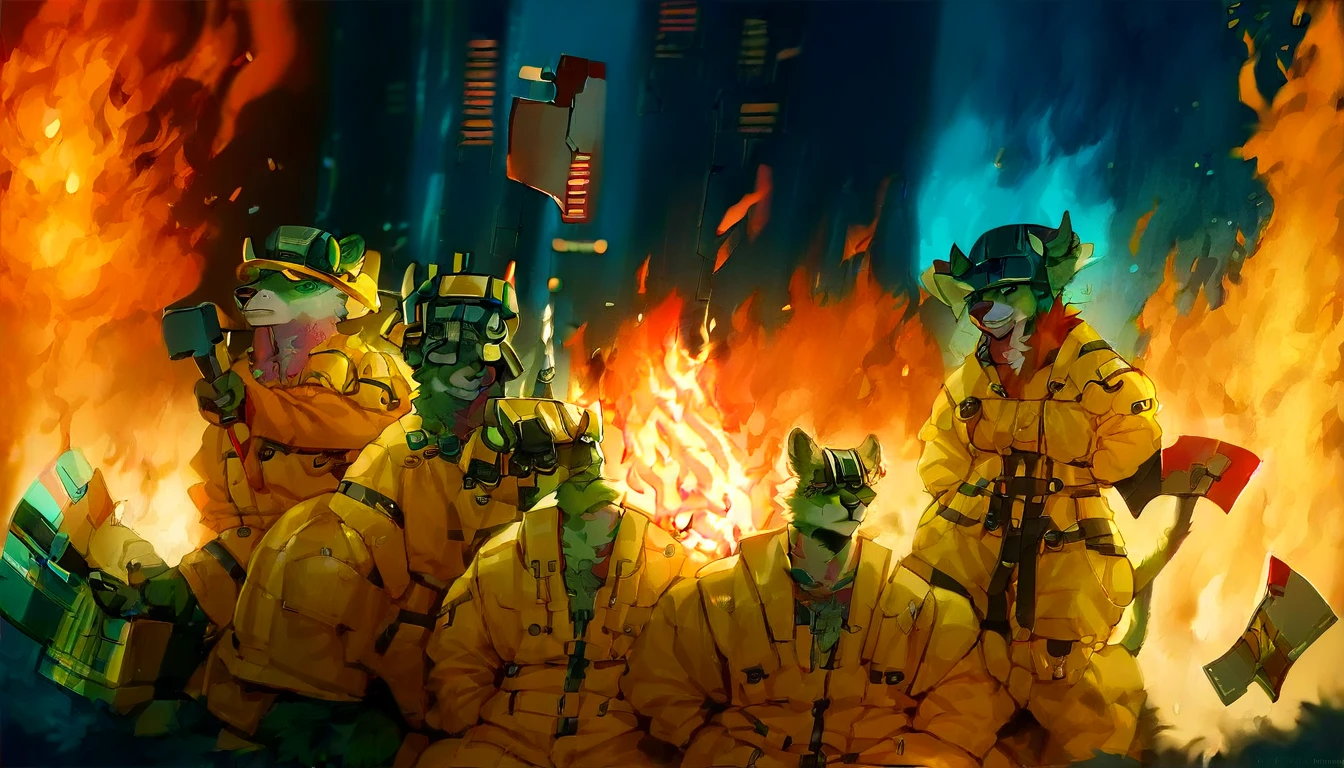 score_9, score_8_up, score_7_up, (cyberpunk city, wildfire, emergency, fire on background:1.5),
((furry:1.2), anthro, horns, crowd, group, gang, 2others, (female, male), (postcard), (holding axe), ((wearing firefighter uniform), (wearing helmet)), ((bull fur)), muscular, beautiful, (have cyberpunk-style additions)