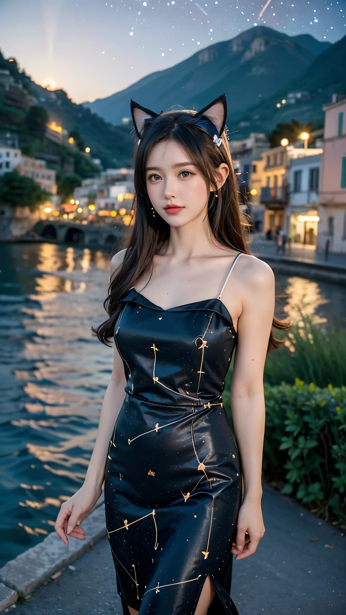 (Starry Sky),(constellation:1.4), (Cow pattern dress:1.2), Beautiful girl walking seashore, 
the stunning Amalfi Coast in Italy, 
Capture the picturesque coastal villages along the Amalfi Coast, such as Positano, Amalfi, and Ravello, with their colorful buildings cascading down the cliffs towards the azure Mediterranean Sea,
Focus on the rugged coastline, 
(Cat ears:1.3),
