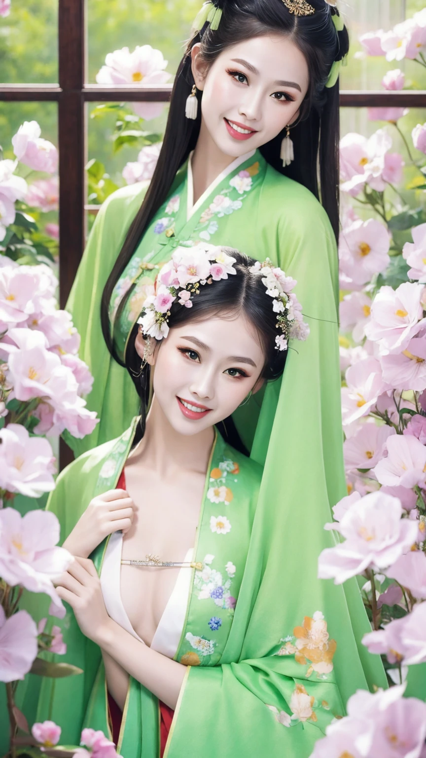 Fashion model 18 years old [[[[close up]]]], [[[[neck]]]], [[[[Shoulder]]]], Perfect eyes, Perfect Iris，Perfect lips，Perfect Teeth，Perfect skin，White skin，Soft headlights，High-density imaging，Black long hair，（Clean and delicate face），((Chinese Clothing))，((Sexy))，((Smile))，((Background is indoor))，((There are green trees and flowers outside the window))，best quality，masterpiece，（Soft colors：1.2）