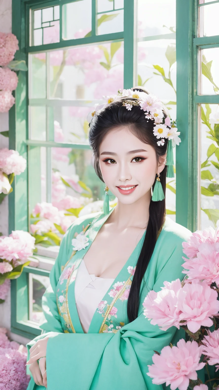 Fashion model 18 years old [[[[close up]]]], [[[[neck]]]], [[[[Shoulder]]]], Perfect eyes, Perfect Iris，Perfect lips，Perfect Teeth，Perfect skin，White skin，Soft headlights，High-density imaging，Black long hair，（Clean and delicate face），((Chinese Clothing))，((Sexy))，((Smile))，((Background is indoor))，((There are green trees and flowers outside the window))，best quality，masterpiece，（Soft colors：1.2）