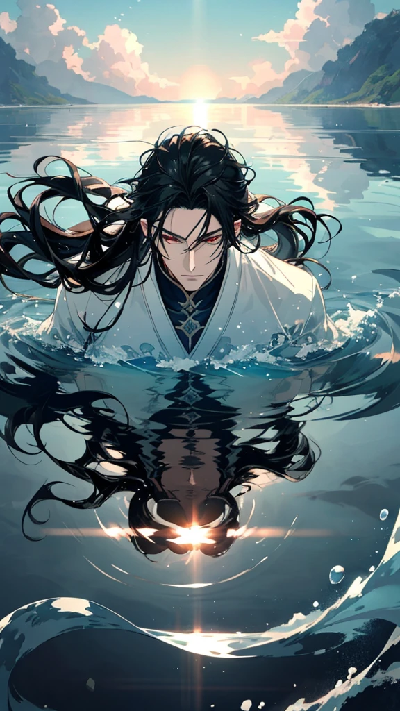 Anime-style male character in water, (long black hair:1.2), (gentle expression:1.1), red eyes, white noble outfit, (rippling water effect around body:1.3), sunlight reflecting on water, clear sky, subtle water splashes, high-resolution digital art, soft color palette, tranquil atmosphere, (serene ocean background:1.1), realistic water texture