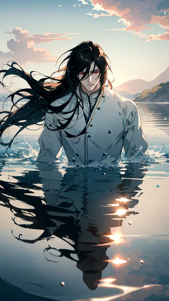 Anime-style male character in water, (long black hair:1.2), (gentle expression:1.1), red eyes, white noble outfit, (rippling water effect around body:1.3), sunlight reflecting on water, clear sky, subtle water splashes, high-resolution digital art, soft color palette, tranquil atmosphere, (serene ocean background:1.1), realistic water texture