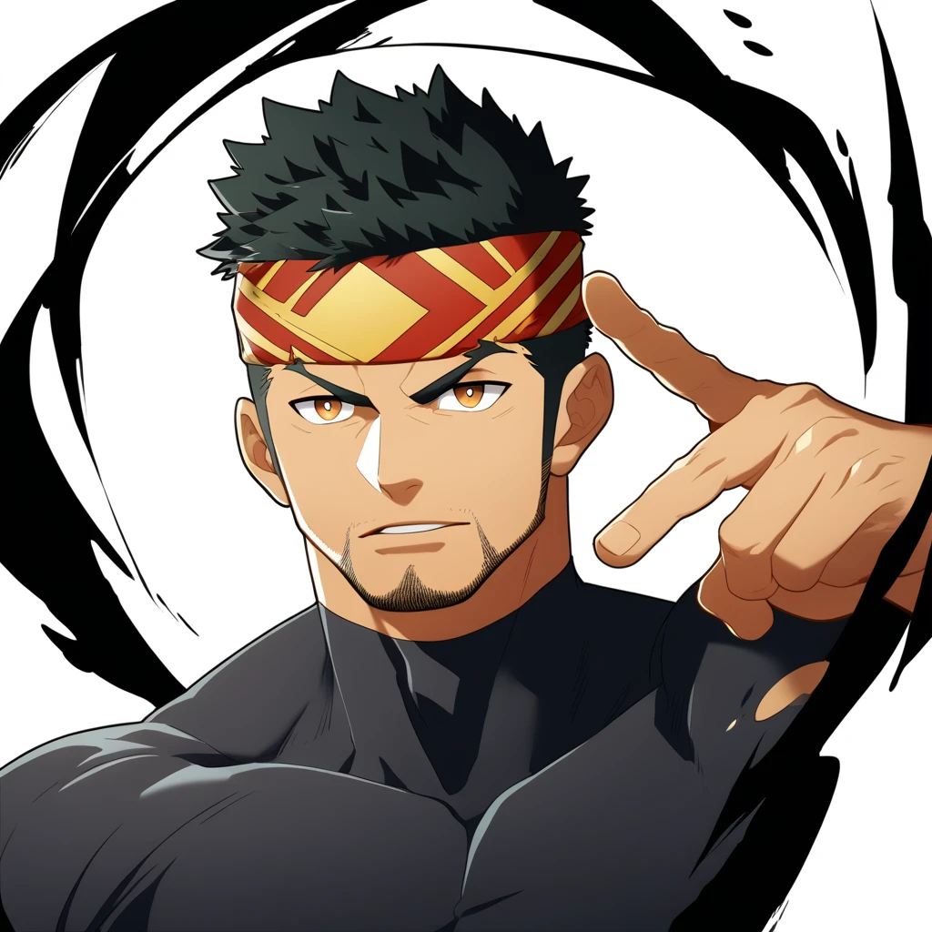one negro, anime characters:Gyee, Priapus, 1 muscle man, negro black skin, Very Black, muscular tough guy, Manliness, sports headband, male focus, Grey long sleeve turtleneck tight t-shirt, Regular symmetrical pattern, Very tight, muscular male, muscular, only, Upper body, alone, Black short hair, Thick eyebrows, stubble, Brown eyes, White background, simple background, amazing quality, best aesthetics, Ridiculous, bright pupils, crew cut, parted lips, v-shaped eyebrows, jitome, best quality