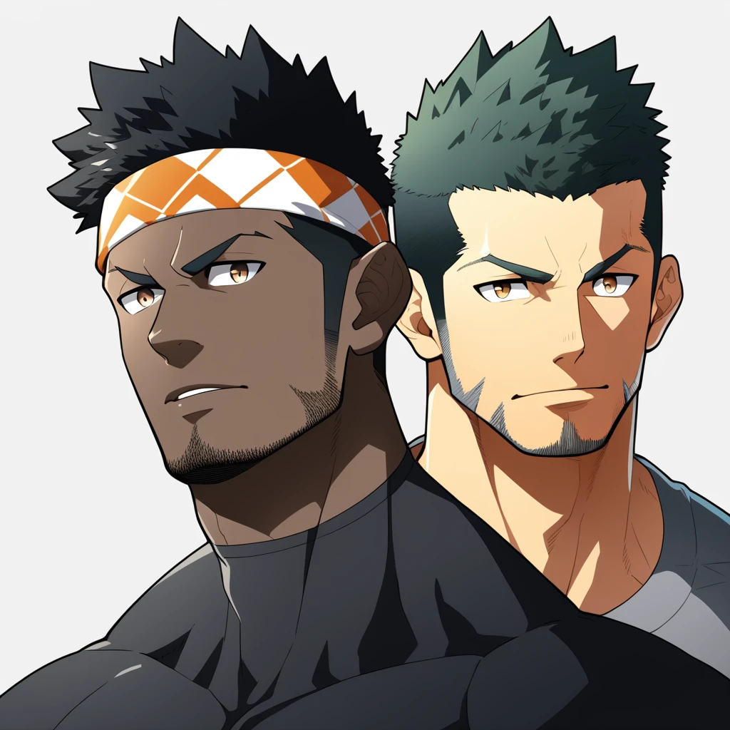 one negro, anime characters:Gyee, Priapus, 1 muscle man, negro black skin, Very Black, muscular tough guy, Manliness, sports headband, male focus, Grey long sleeve turtleneck tight t-shirt, Regular symmetrical pattern, Very tight, muscular male, muscular, only, Upper body, alone, Black short hair, Thick eyebrows, stubble, Brown eyes, White background, simple background, amazing quality, best aesthetics, Ridiculous, bright pupils, crew cut, parted lips, v-shaped eyebrows, jitome, best quality