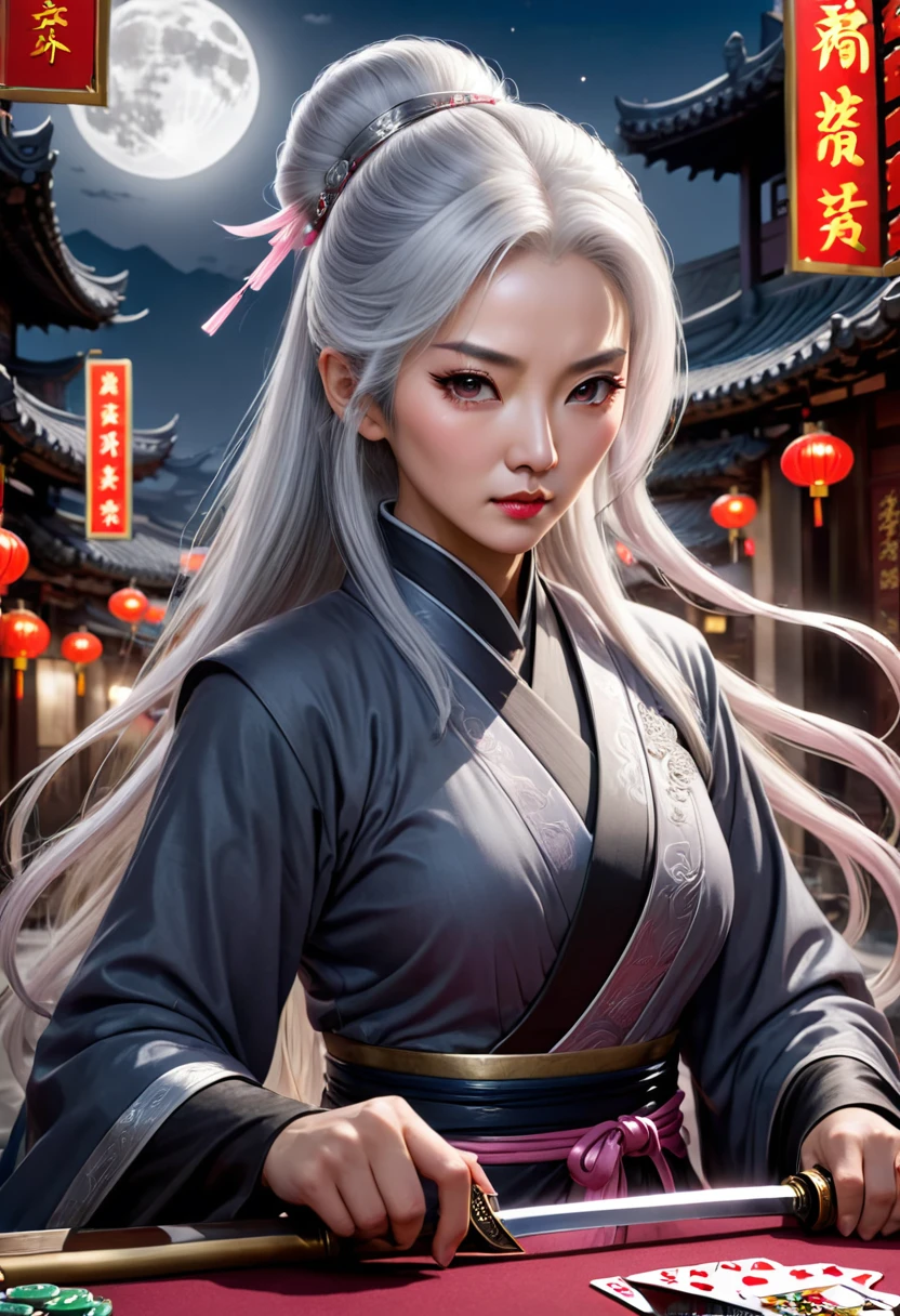 masterpiece, the best, night, Full Moon, 1 female, Mature woman, Chinese, China, elder sister, Royal sisters, cold noodle, Poker face, Silver-white hair woman, Light pink lips, calm, Intellectuals, Triple hit, Gray pupil, assassin, Long Sword, swordsman, struggle, Street View, Facial details,
