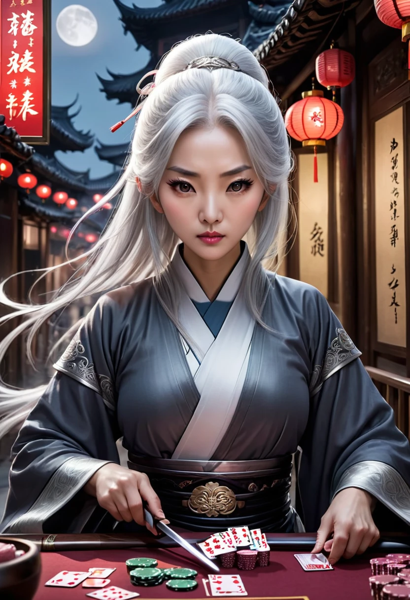 masterpiece, the best, night, Full Moon, 1 female, Mature woman, Chinese, China, elder sister, Royal sisters, cold noodle, Poker face, Silver-white hair woman, Light pink lips, calm, Intellectuals, Triple hit, Gray pupil, assassin, Long Sword, swordsman, struggle, Street View, Facial details,