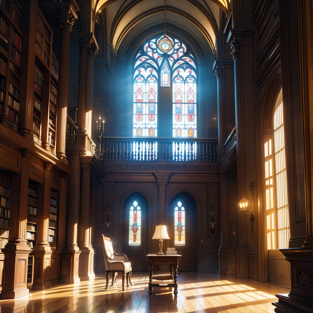 Imagine a leather-bound book resting on an antique wooden table in a grand library filled with towering shelves of books. The table is bathed in the soft glow of a nearby reading lamp, casting a warm light on the intricate patterns of the table's surface. The book's spine is embossed with faded gold lettering, hinting at its age and significance. Dust particles dance in the air, illuminated by sunlight filtering through tall, arched windows adorned with stained glass. The scent of aged paper and leather permeates the room, creating an atmosphere of quiet reverence and intellectual pursuit. Capture the timeless allure of knowledge and discovery in this scene, where the solitary book beckons readers to delve into its pages and uncover secrets from bygone eras.
