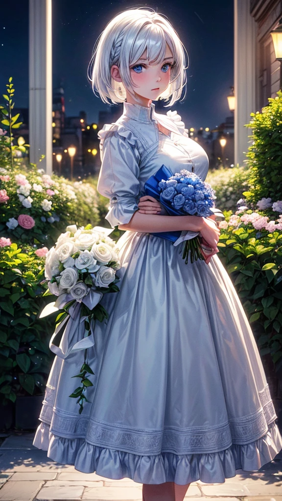 (best quality,high resolution,Super detailed,lifelike:1.2) ultra short white hair, tomboy hair, boyish hair, Blue shining eyes, big breasted, holding flower bouquet, standing in front a garden, night time