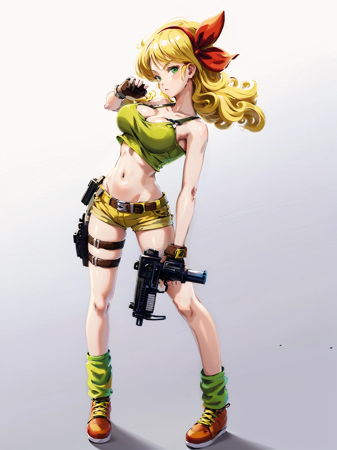 1girl, solo, weapon, shorts, gloves, gun, breasts, long hair, midriff, crop top, fingerless gloves, navel, shoes, full body, curly hair, cleavage, short shorts, hairband, submachine gun, yellow shorts, socks, holding weapon, holding, holster, simple background, tank top, sneakers, standing, belt, handgun, holding gun, white background, thigh holster, hair ribbon, collarbone, large breasts, bow, loose socks, medium breasts, looking at viewer