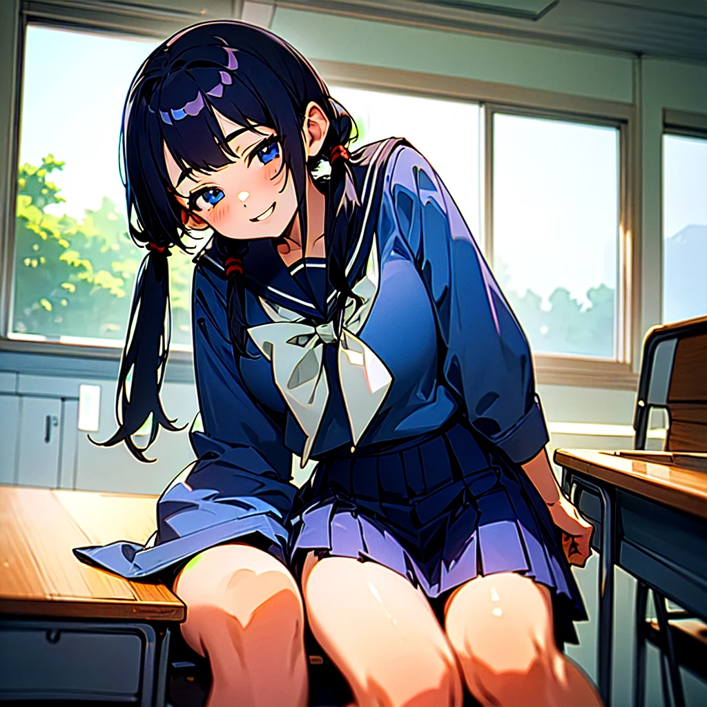 (best quality, masterpiece, highres),
a girl, ,
sitting on chair, desk in classroom, (girl at desk:1.4),
low pigtails, (low twin tails:1.2), black hair,
navy blue , sailor uniform,
front,
gentle smile, Japan