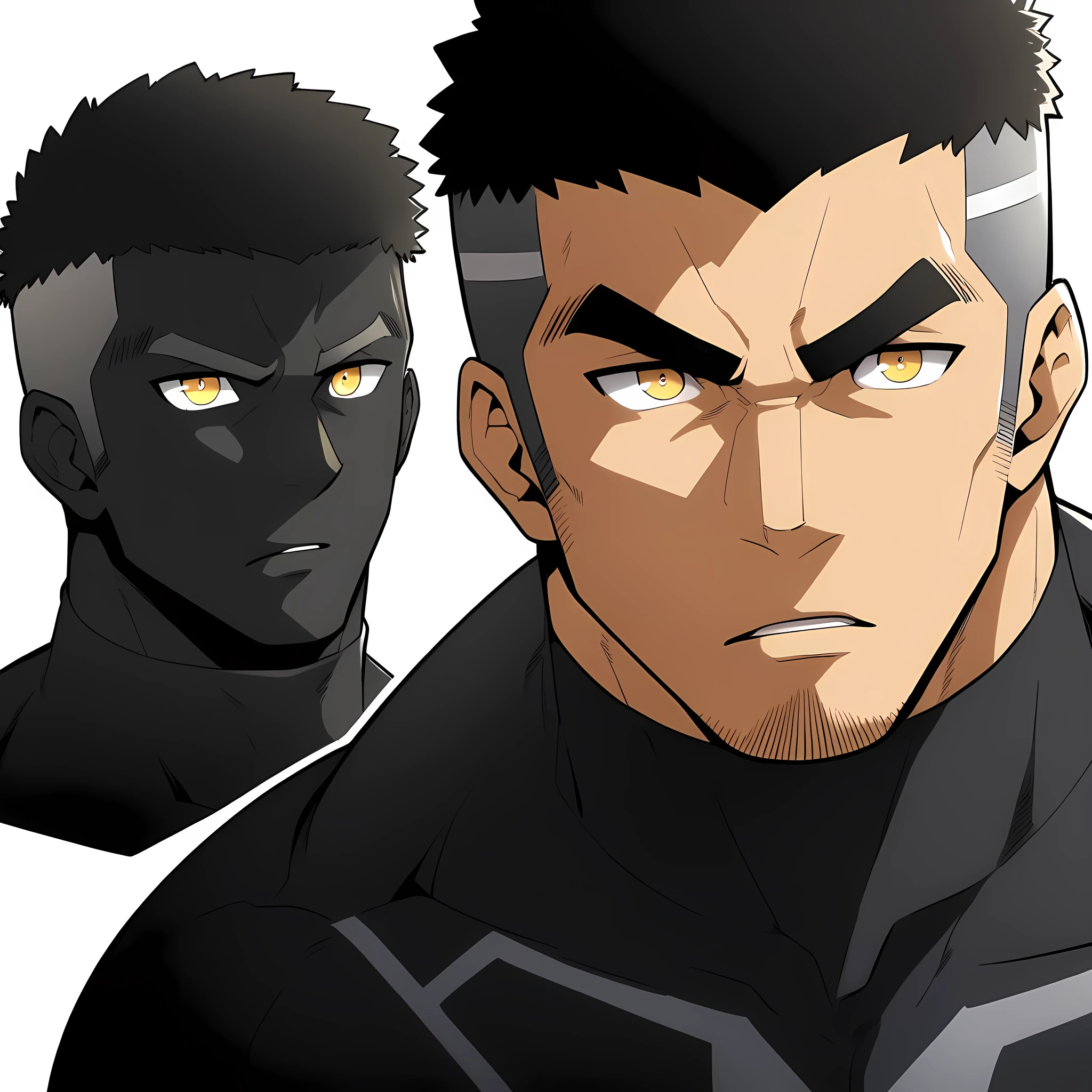 one negro, anime characters：Gyee, Hibino Kafka, One Muscle Sports Student, negro black skin, Very Black, muscular tough guy, Manliness, male focus, Grey long sleeve turtleneck tight t-shirt, Regular symmetrical pattern, Very tight, muscular male, muscular, only, Upper body, alone, Black short hair, Thick eyebrows, stubble, Yellow eyes, White background, simple background, amazing quality, best aesthetics, Ridiculous, bright pupils, crew cut, parted lips, v-shaped eyebrows, jitome, best quality