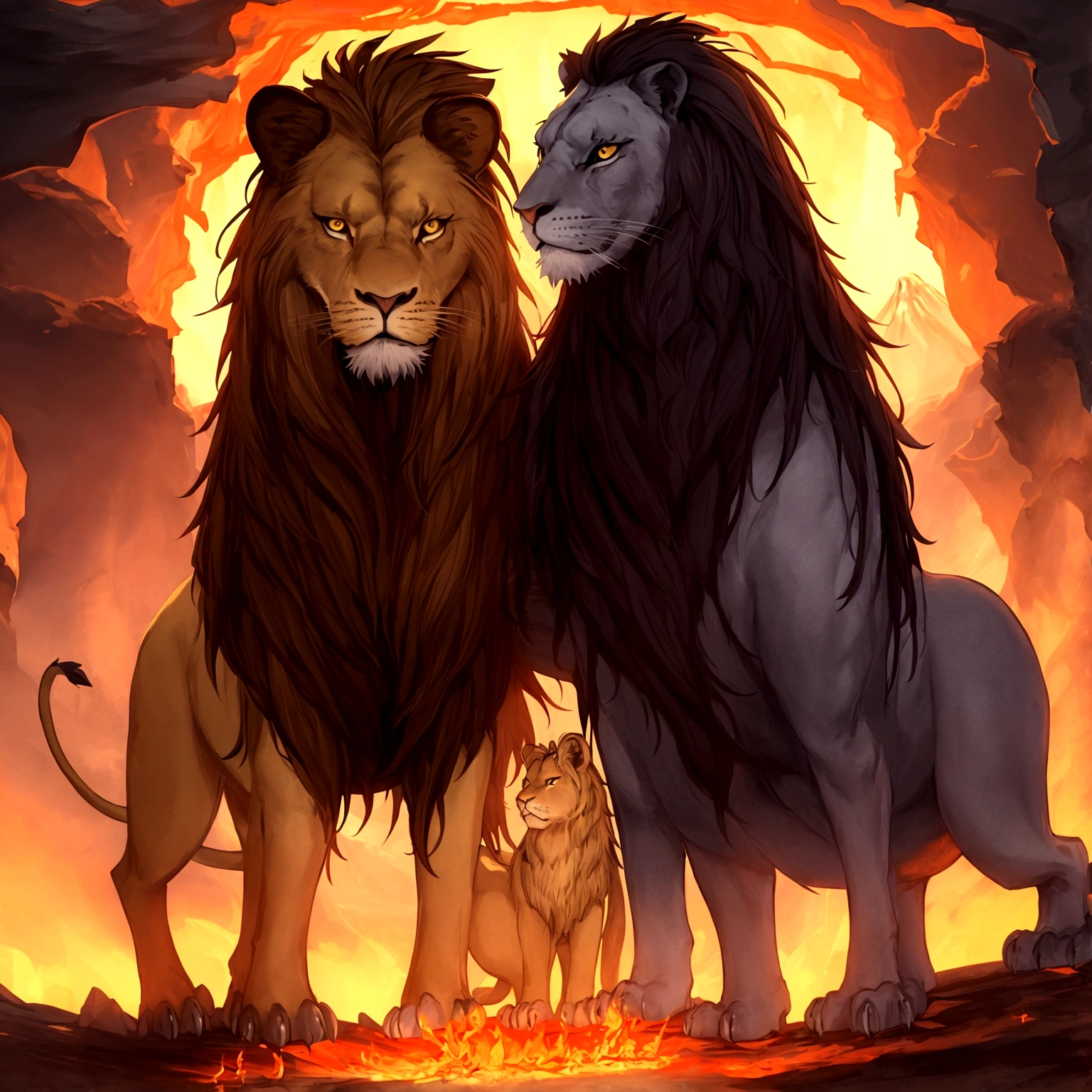 ((best quality)), ((masterpiece)), (detailed), 1 dragon fuse with lion, stand with gorgeous pose, background full of volcano, in the world of abyss, breathing a dark spirited fire.