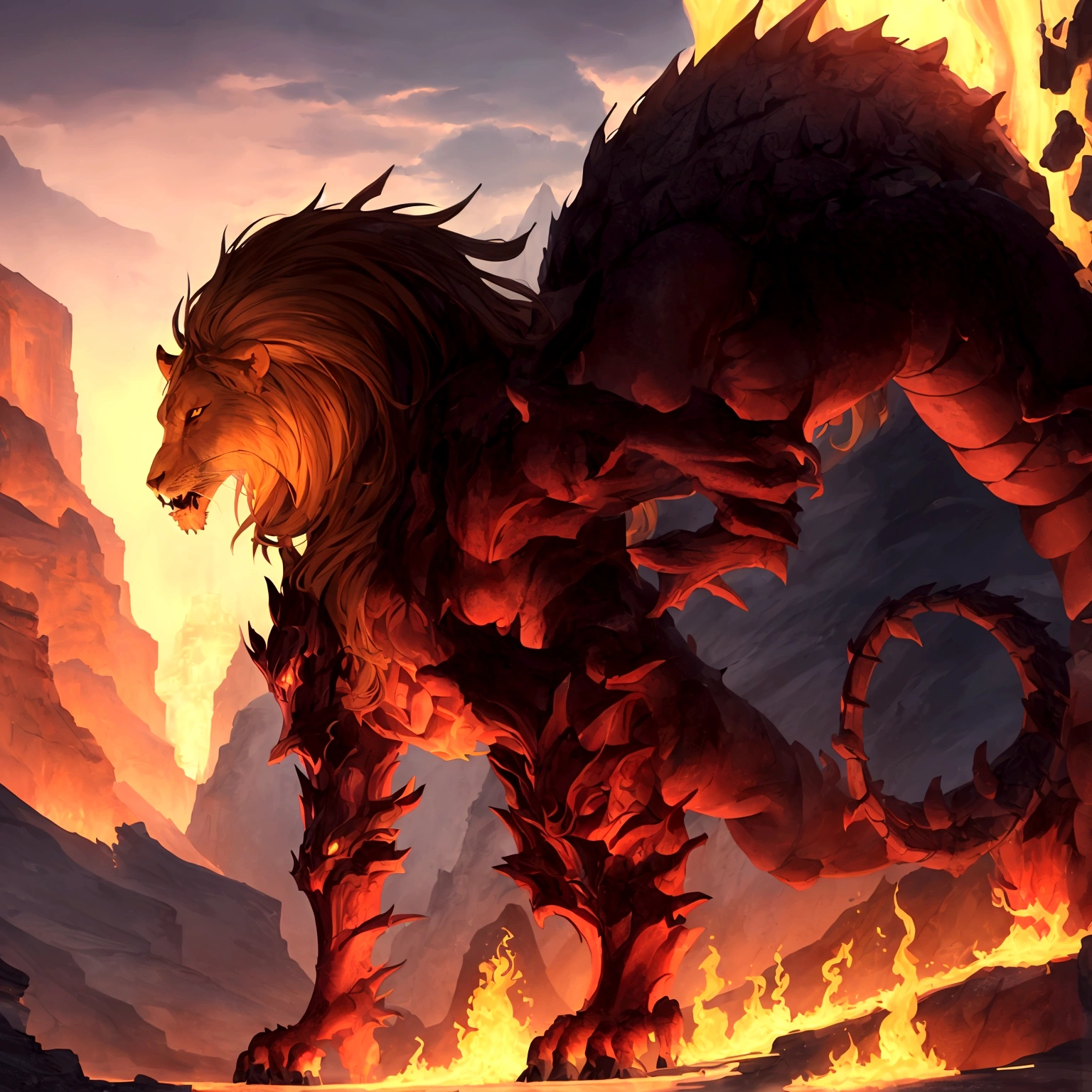 ((best quality)), ((masterpiece)), (detailed), 1 dragon fuse with lion, stand with gorgeous pose, background full of volcano, in the world of abyss, breathing a dark spirited fire.
