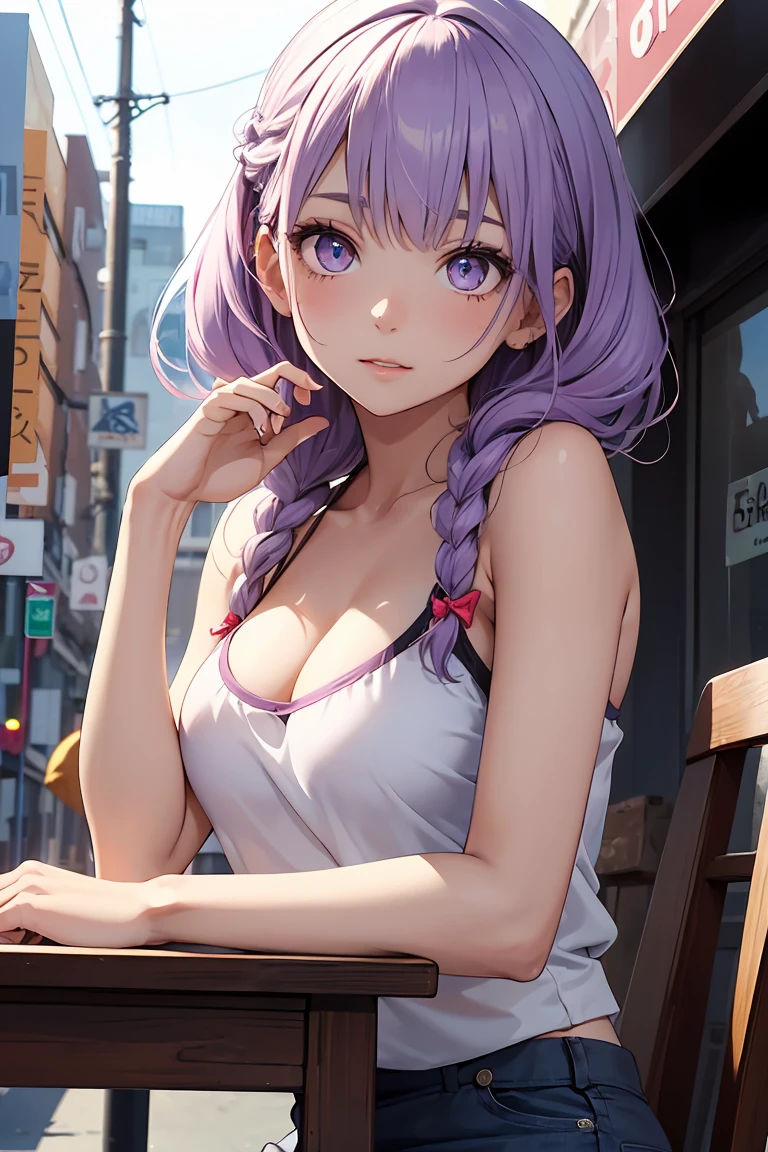((1 Girl)), (Low Angle), (Looking up), Sexy look, Latest Trends in Clothing, Sit on a chair, Neon Color Fashion, Put your hands in your pockets, Street fashion,camisole , mini skirt, Cowboy Shot,((Very detailed,Highest quality, High resolution, 8k wallpaper, Beautiful clothes,)),((Light purple hair, Shortcuts,Braided hair)) ,eye shadow, eyeliner,Glowing Eyes, Very detailedな目, Clear Eyes, Beautiful Eyes, 18-year-old girl.