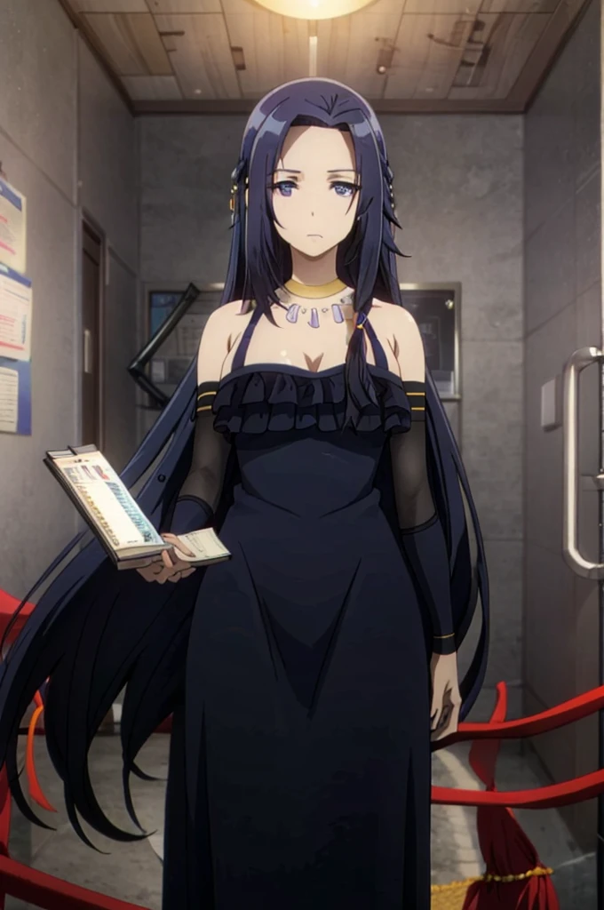 blue hair,,long hair,blue eyes,dark dress,in the office,
