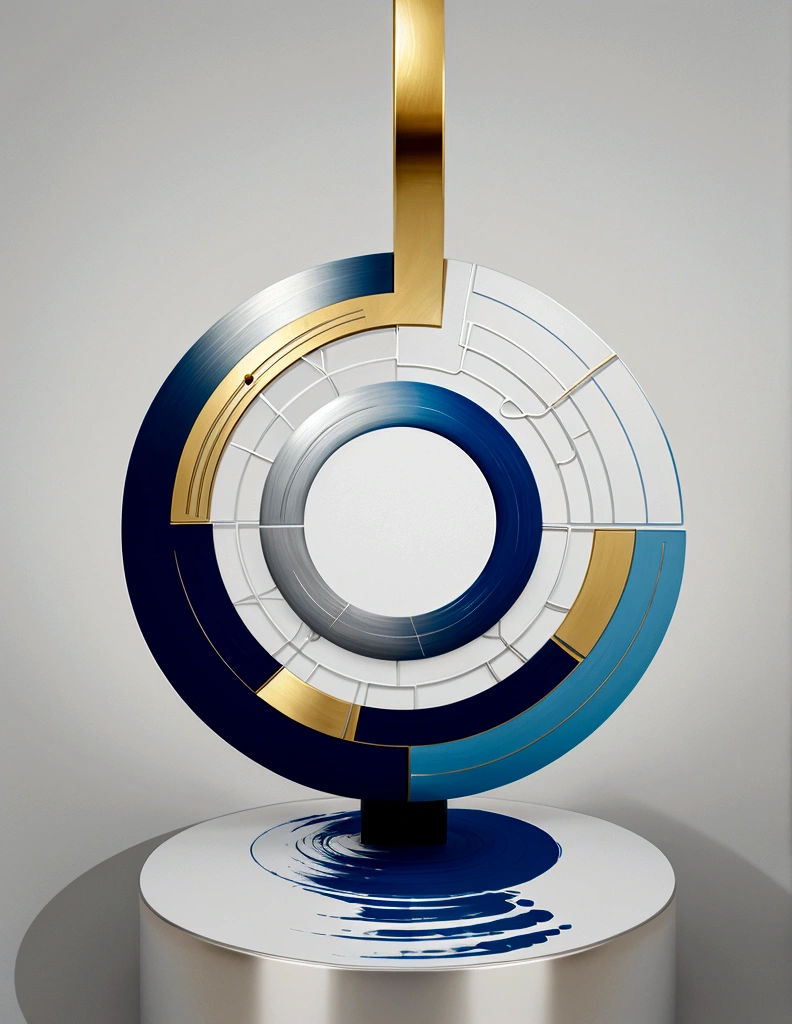 modern abstract painting, Golden, blue,silver, Round asymmetrical abstract graphics, harmonious colors, major, high quality, Brushstrokes, balanced composition