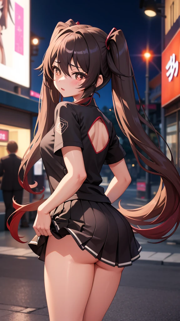 masterpiece, best quality, HuTaoV4, 1girl, solo, blush, twintails, long hair, hair between eyes, ((streetwear clothes)), city, outdoors, night, movie poster, extremely detailed 8K, smooth, high resolution, ultra quality, cinematic lighting, ambient occlusion, hd, 2k, 4k, 8k, 16k, extremely detailed anime, detailed faces, perfect composition, wide shot, atmospheric lighting, very sexy, lift skirt, random low back angle, uncensored, nsfw, sin censura, bottomless,pussy