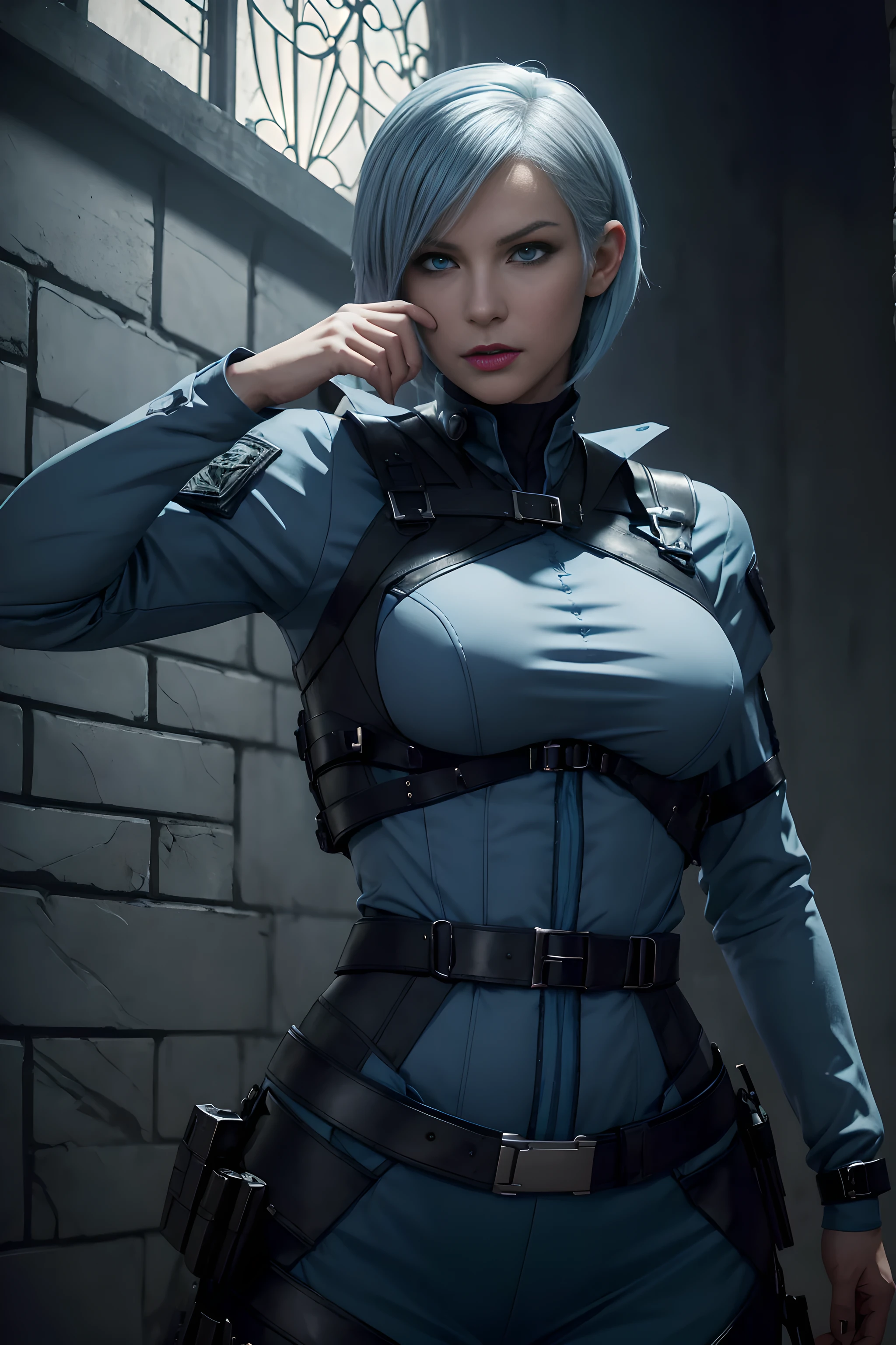 (An Enigmatic 30-Year-Old Female Vampire Hitwoman), (Light Blue Wolfcut Hair:1.4), (Sharp Silver Eyes), (Fair Skin with Hidden Fangs), (Wearing Dark Blue Tactical Outfit:1.4), (Castle of Eternal Night), (Dynamic Pose:1.4), Centered, (Waist-up Shot:1.4), From Front Shot, Insane Details, Intricate Face Detail, Intricate Hand Details, Cinematic Shot and Lighting, Realistic and Vibrant Colors, Masterpiece, Sharp Focus, Ultra Detailed, Incredibly Realistic Environment and Scene, Master Composition