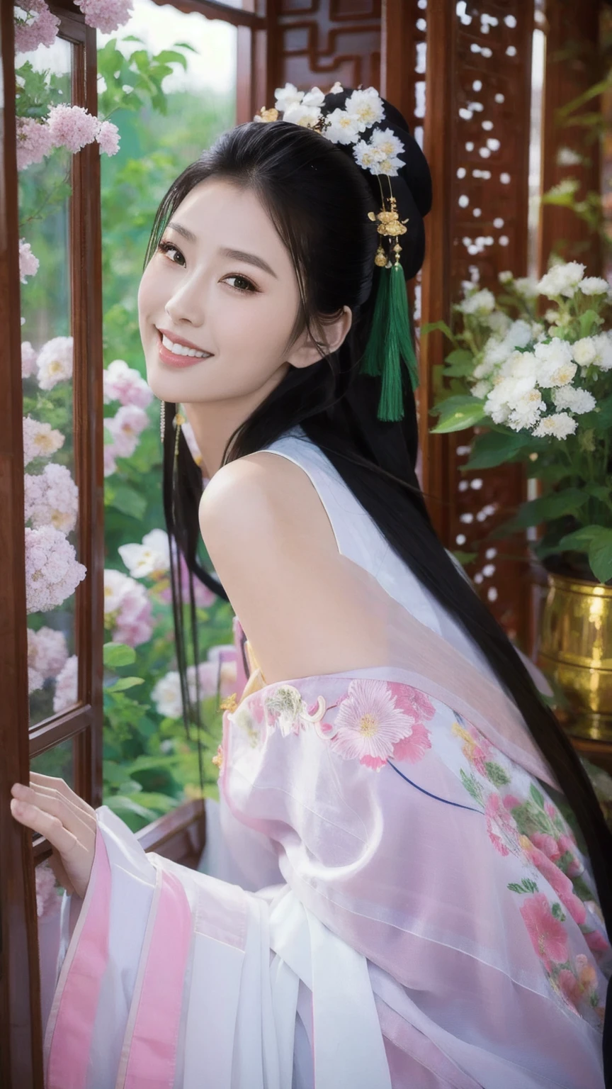 Fashion model 18 years old [[[[close up]]]], [[[[neck]]]], [[[[Shoulder]]]], Perfect eyes, Perfect Iris，Perfect lips，Perfect Teeth，Perfect skin，White skin，Soft headlights，High-density imaging，Black long hair，（Clean and delicate face），((Chinese Clothing))，((Sexy))，((Smile))，((Background is indoor))，((There are green trees and flowers outside the window))，best quality，masterpiece，（Soft colors：1.2）