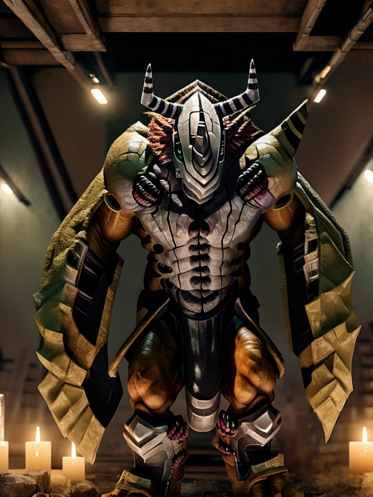 Humanity, alone, WarGreymon, armor, male, BANDAI NAMCO, Digimon, Helmet, horn, Green Eyes, View your viewers, break, There is nothing there, Detailed Background, Realistic, 8k hd, Attention to detail, (Dark Shadows, Wide dynamic range, High resolution, Low Light:1.2), (Pino Daeni, (By location), (From fffffolder) ).