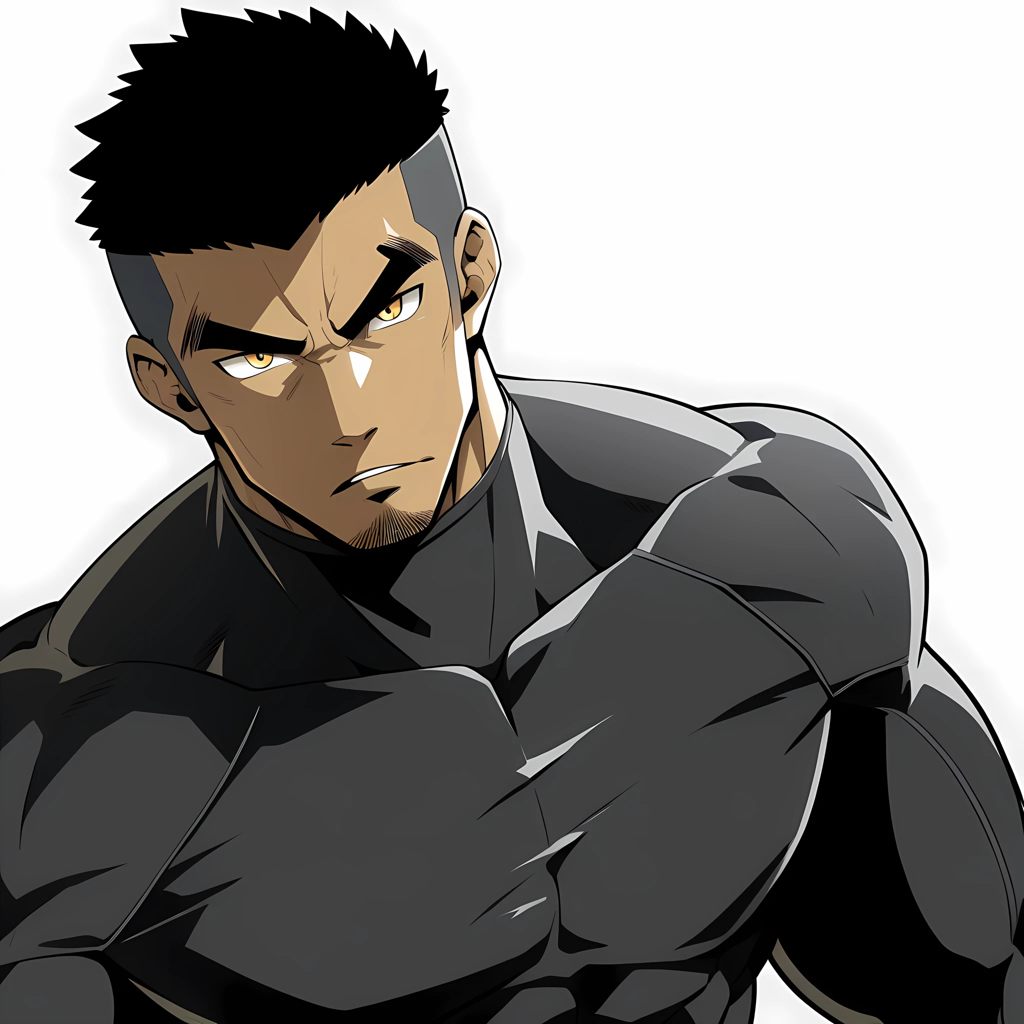 one negro, anime characters:Gyee, Hibino Kafka, One Muscle Sports Student, negro black skin, Very Black, muscular tough guy, Manliness, male focus, Grey long sleeve turtleneck tight t-shirt, Regular symmetrical pattern, Very tight, muscular male, muscular, only, Upper body, alone, Black short hair, Thick eyebrows, stubble, Yellow eyes, White background, simple background, amazing quality, best aesthetics, Ridiculous, bright pupils, crew cut, parted lips, v-shaped eyebrows, jitome, best quality