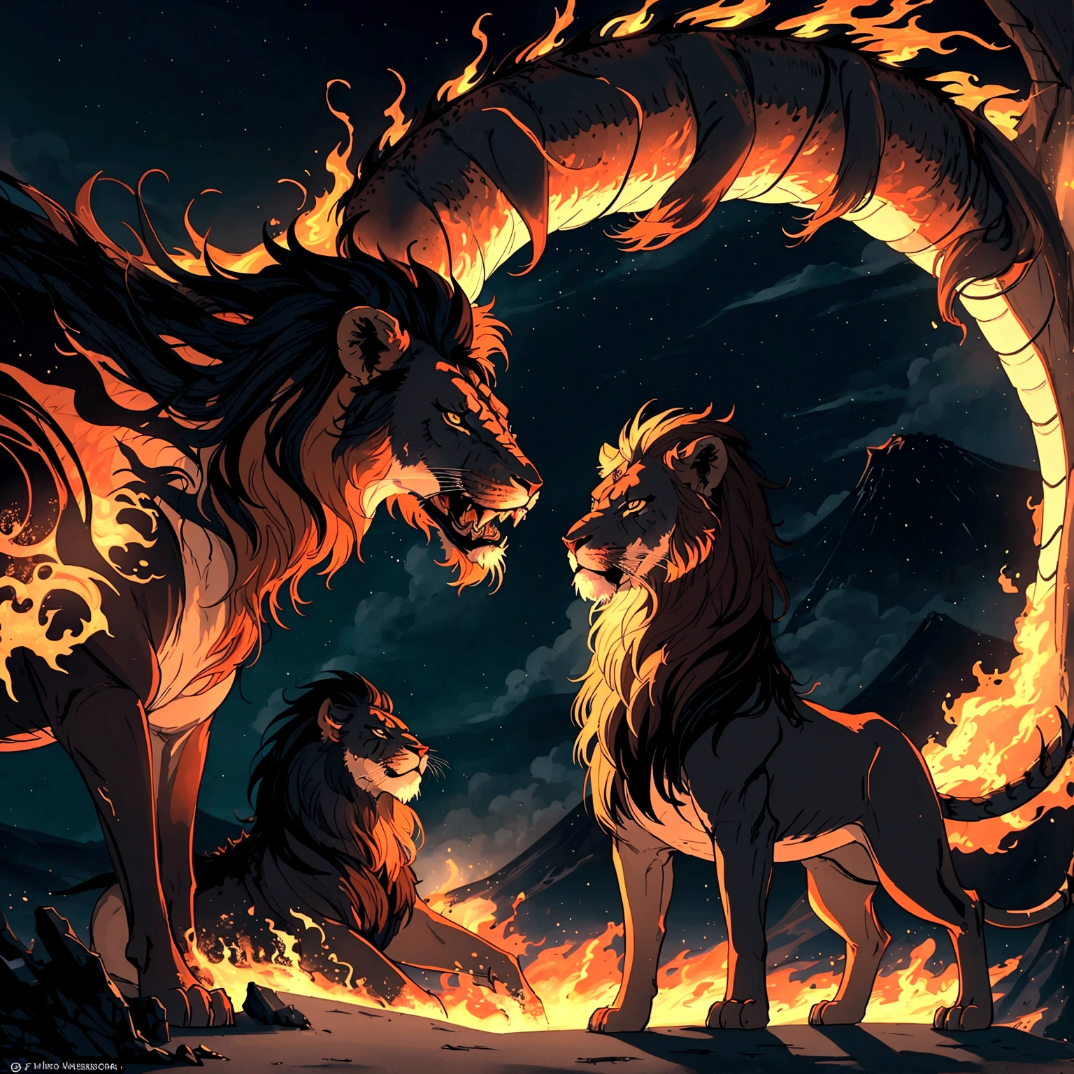 ((best quality)), ((masterpiece)), (detailed), 1 dragon fuse with lion, stand with gorgeous pose, background full of volcano, in the world of abyss, breathing a dark spirited fire. 