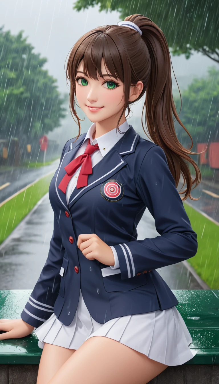 masterpiece, best quality, Official Art, (Highly detailed CG Unity 8k wallpaper), Detailed background, (Guido Daniel (Guido Daniele) Hand: 1.1), Feet out of frame, First-person perspective, 1, Charming and perfect beautiful woman, schoolgirl, JK, schoolgirl Uniform, Rainy Day, Heavy rainfall, windy, (Curvy beauty), ( White thighs: 1.12), (Brown long hair: 1.12), (Ahog (1.13), (High Ponytail: 1.12), (Green Eyes: 1.13), Large target, (cleveage), Pretty Face, (blush: 1.11), (Smile: 1.11)