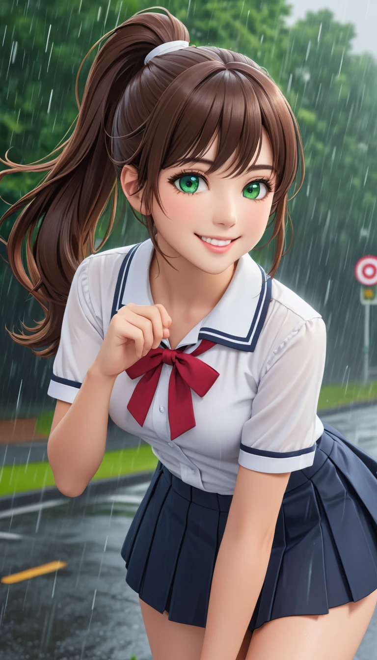 masterpiece, best quality, Official Art, (Highly detailed CG Unity 8k wallpaper), Detailed background, (Guido Daniel (Guido Daniele) Hand: 1.1), Feet out of frame, First-person perspective, 1, Charming and perfect beautiful woman, schoolgirl, JK, schoolgirl Uniform, Rainy Day, Heavy rainfall, windy, (Curvy beauty), ( White thighs: 1.12), (Brown long hair: 1.12), (Ahog (1.13), (High Ponytail: 1.12), (Green Eyes: 1.13), Large target, (cleveage), Pretty Face, (blush: 1.11), (Smile: 1.11)