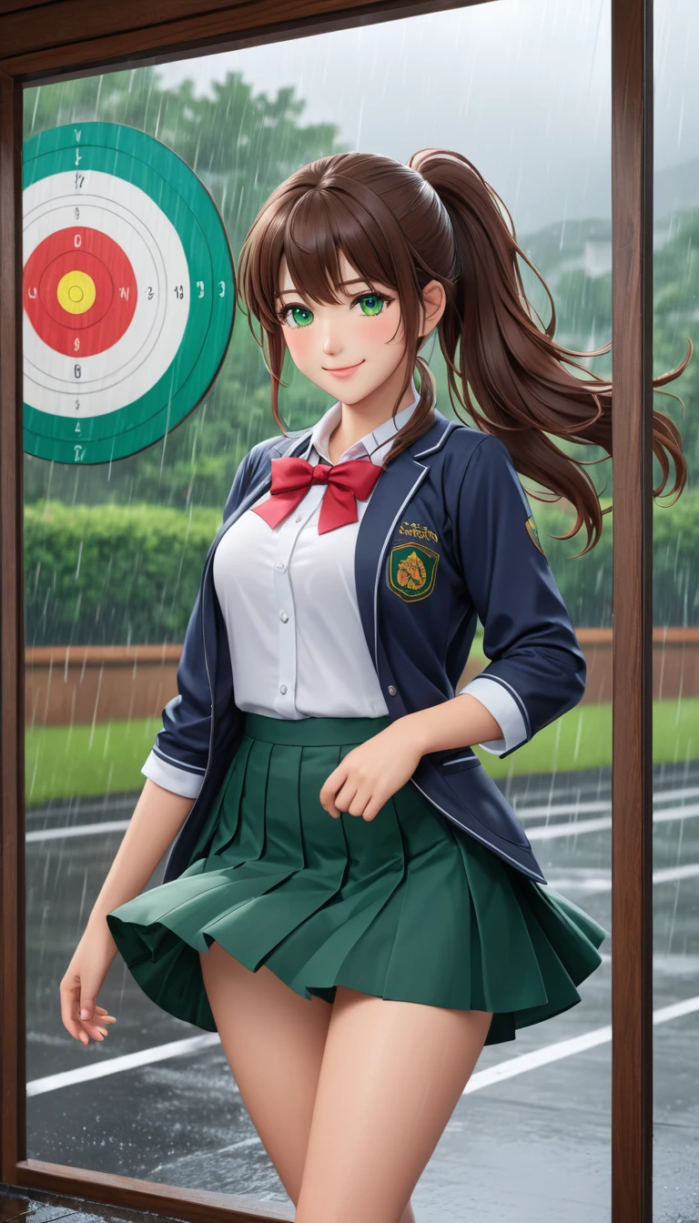 masterpiece, best quality, Official Art, (Highly detailed CG Unity 8k wallpaper), Detailed background, (Guido Daniel (Guido Daniele) Hand: 1.1), Feet out of frame, First-person perspective, 1, Charming and perfect beautiful woman, schoolgirl, JK, schoolgirl Uniform, Rainy Day, Heavy rainfall, windy, (Curvy beauty), ( White thighs: 1.12), (Brown long hair: 1.12), (Ahog (1.13), (High Ponytail: 1.12), (Green Eyes: 1.13), Large target, (cleveage), Pretty Face, (blush: 1.11), (Smile: 1.11)