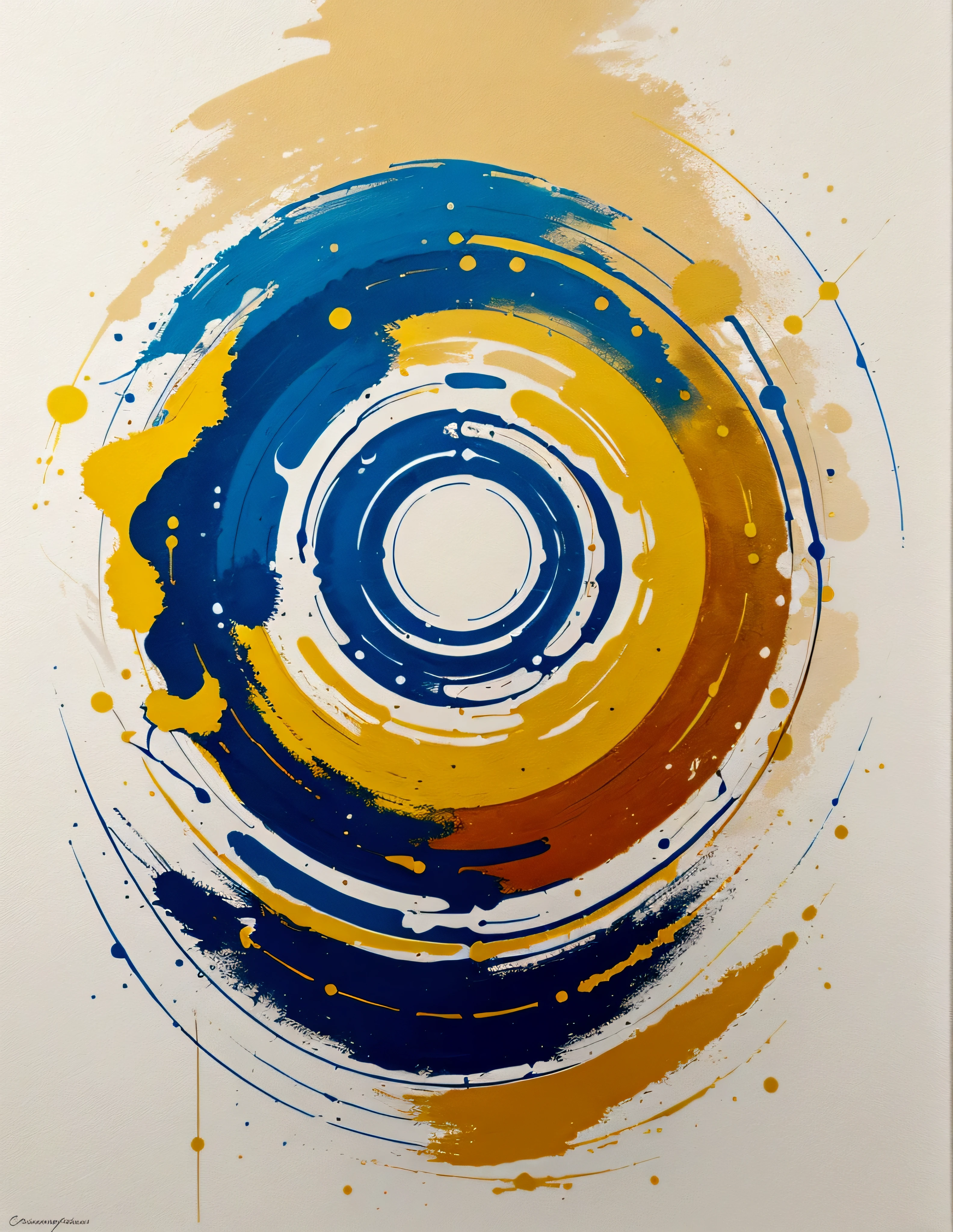 modern abstract painting, Golden, blue,yellow, Round asymmetrical abstract graphics, harmonious colors, major, high quality, Brushstrokes, balanced composition