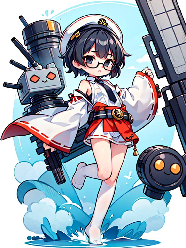 ((((Full body of a woman with perfect flat chest、solo、Short unkempt black hair、Tie your messy hair at the nape of your neck、white military jacket、Miko costume、tights、Black glasses、White military cap、Cloudy black eyes、Sleepy expression)))), (((masterpiece))), (((Shipgirl))), ((Floating on the morning sea with both feet)), (Spread your legs wide open), (Hold the turret with your right hand), (Mechanical arms extending from the waist are used to equip the ship with battleship equipment.), (Equipped with a turret on the back), (Holds the turret with his left arm), Shotgun shells are attached to the thigh with a belt, Spreading the Machine&#39;s Wings, Machine tail,  shotgun, 