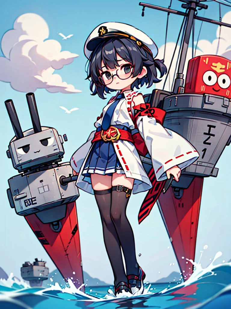 ((((Full body of a woman with perfect flat chest、solo、Short unkempt black hair、Tie your messy hair at the nape of your neck、white military jacket、Miko costume、tights、Black glasses、White military cap、Cloudy black eyes、Sleepy expression)))), (((masterpiece))), (((Shipgirl))), ((Floating on the morning sea with both feet)), (Spread your legs wide open), (Hold the turret with your right hand), (Mechanical arms extending from the waist are used to equip the ship with battleship equipment.), (Equipped with a turret on the back), (Holds the turret with his left arm), Shotgun shells are attached to the thigh with a belt, Spreading the Machine&#39;s Wings, Machine tail,  shotgun, 