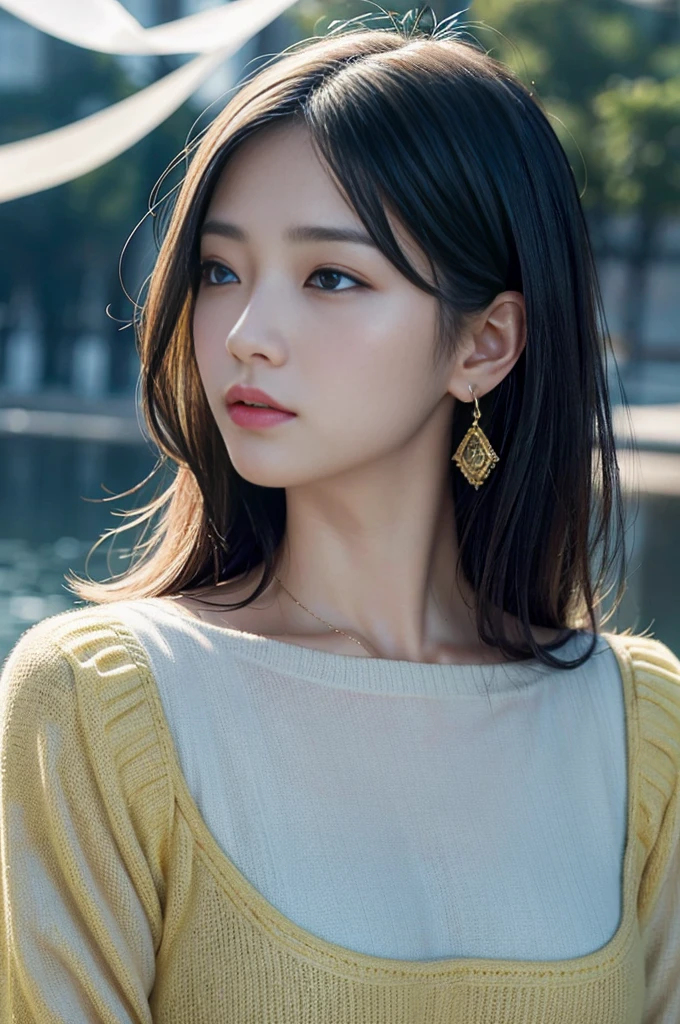 people々focus on。people物の最も輝く構図をリアルに表現する。((masterpiece))、(((Highest quality)))、((Ultra-detailed))、(Surreal)、(Highly detailed CG illustrations)、(Very delicate and beautiful)、masterpieceの少女、Highest quality、Realistic texture、Realistic Fabric、Here is a realistic illustration of a girl with realistic and super detailed eyes, centered on the front..。This is an absolute rule, And the next sentence describes the quality of the image:。 people類史上最も偉大な画家が比類のない美と出会う、犬火いちごの歴史の中で最も偉大なmasterpieceです, It depicts the most beautiful image of her life..。 Create amazing anime artworks that are currently trending with seaStation、Showcasing exquisite beauty and captivating aesthetics。30-year-old woman、(High Top Fade:1.3)、Hair length、Dark Theme、Calm tone、Calm colors、High contrast、(Natural skin texture、Hyperrealism、Soft Light、sharp)、High Contrast、((Cinematic、Pale blue and yellow:1.1))、(Calm colors、Dim color、Calm colors調:1.3)、Low saturation、(Hyper Detail:1.3)、(Light trails flying around in the background:1.2)，Open chest，((Big Breasts:1.3))，Small earrings，Dark shading，Movie Scenes，(Hair as messy as in water:1.2)，((Hair as messy as in water:1.5))，((Very strong winds:1.4))，((no gravity:1.2))，((Newly designed clothes and backgrounds:1.4))，(Ultra shiny metallic transparent blue and yellow:1.4), (Ultra shiny metallic transparent blue and yellow) , ((Portraiture:1.3)),((Portraiture:1.3)),((Portraiture:1.3)),Photos that make you feel the clear air, Dynamic Angle, From below, Dutch Angle, Back view