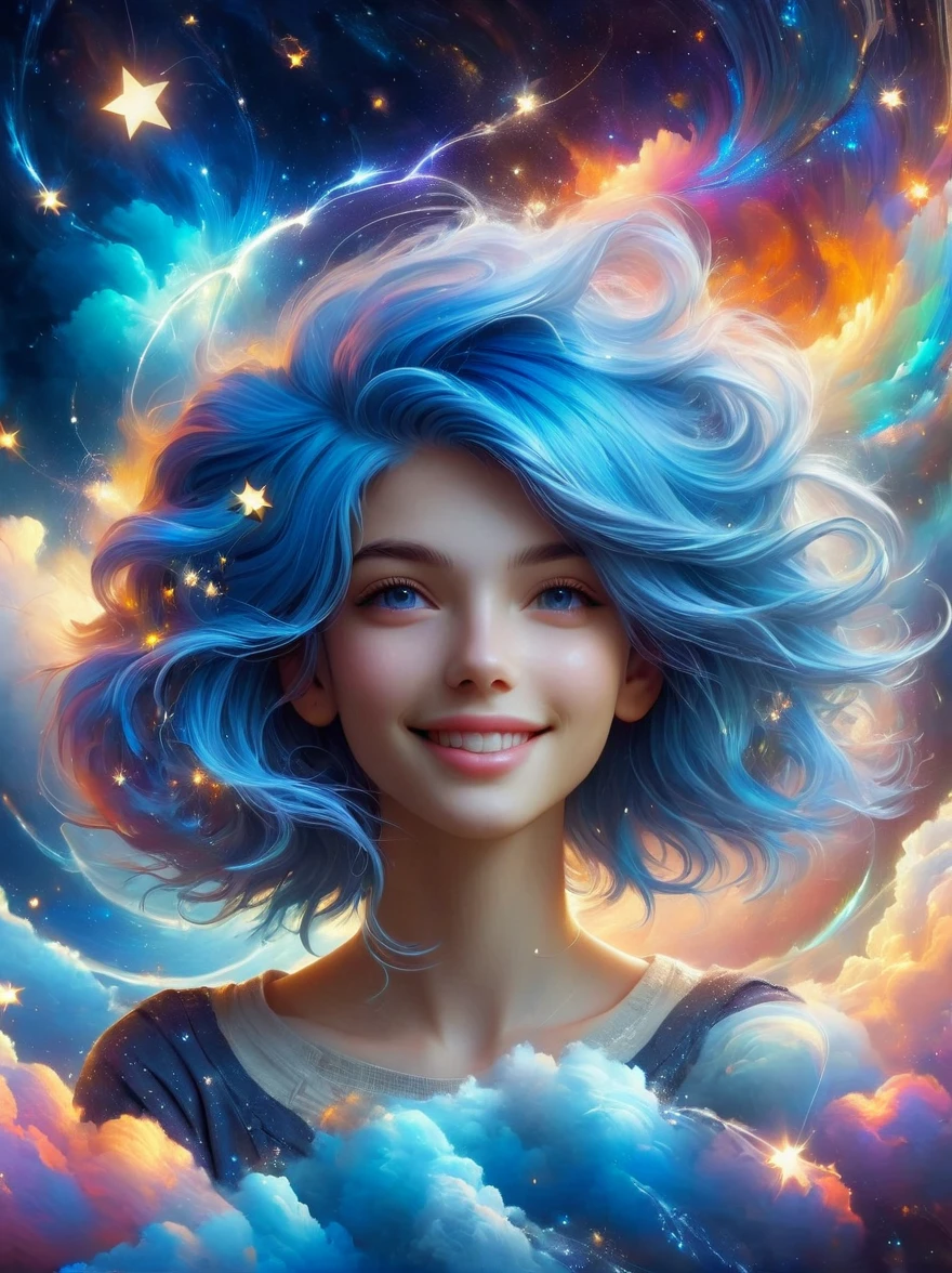 masterpiece, best quality, aesthetic, fantasy, illusion, 1girl, photo of cute girl, detailed face, relaxed smile, charming, asymmetrical hair, swaying hair, electric blue hair, glow, clouds, colorful sky, stars, broken, space style, swirl magic style, silva magic style, legendary, outstanding, exquisite, elegant, luxurious, creative, beautiful classic contemporary detailed cinematic composition, expressive dynamic dramatic atmosphere, spectacular lighting, symmetry, detailed, rich colors, ambient background, inspiring, lovely magnificent clear wonderful surreal perfect complex intricate colors, amazing epic huge momentum amazing strange fascinating massive