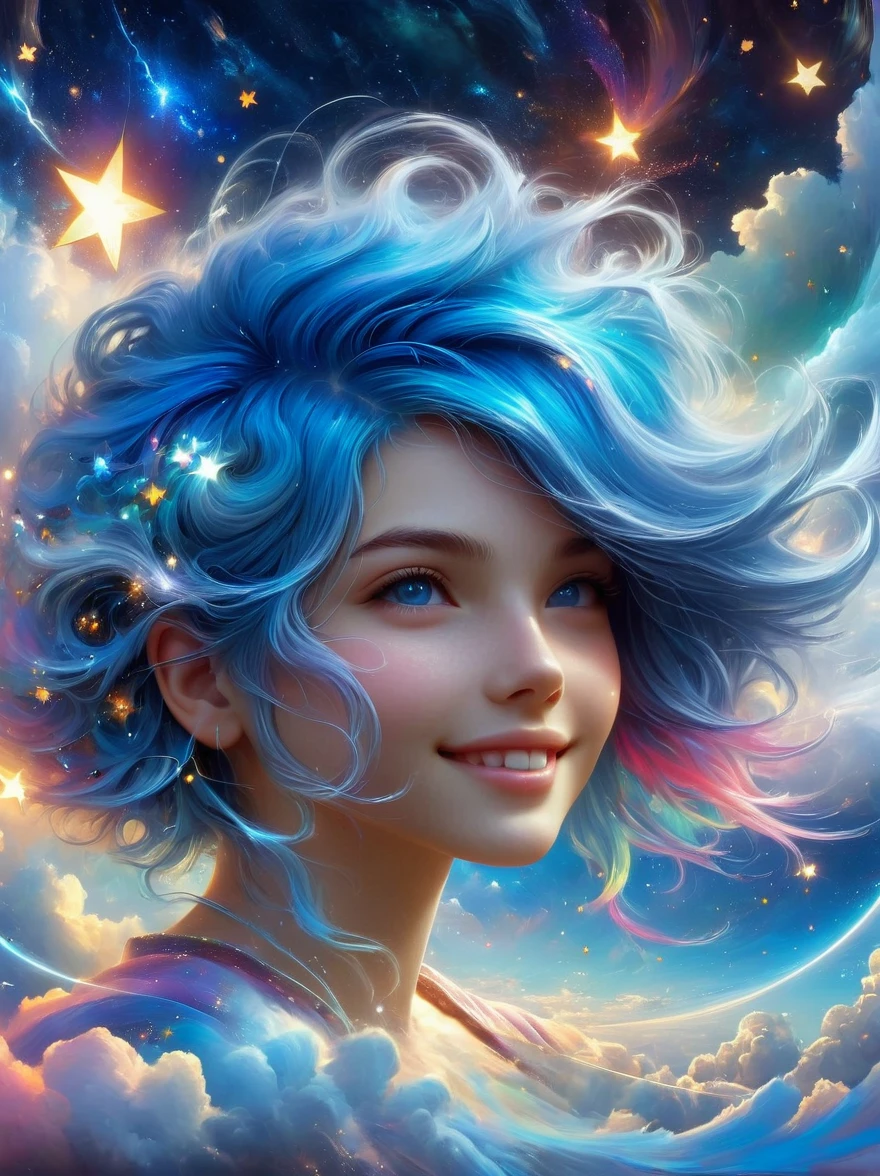 masterpiece, best quality, aesthetic, fantasy, illusion, 1girl, photo of cute girl, detailed face, relaxed smile, charming, asymmetrical hair, swaying hair, electric blue hair, glow, clouds, colorful sky, stars, broken, space style, swirl magic style, silva magic style, legendary, outstanding, exquisite, elegant, luxurious, creative, beautiful classic contemporary detailed cinematic composition, expressive dynamic dramatic atmosphere, spectacular lighting, symmetry, detailed, rich colors, ambient background, inspiring, lovely magnificent clear wonderful surreal perfect complex intricate colors, amazing epic huge momentum amazing strange fascinating massive