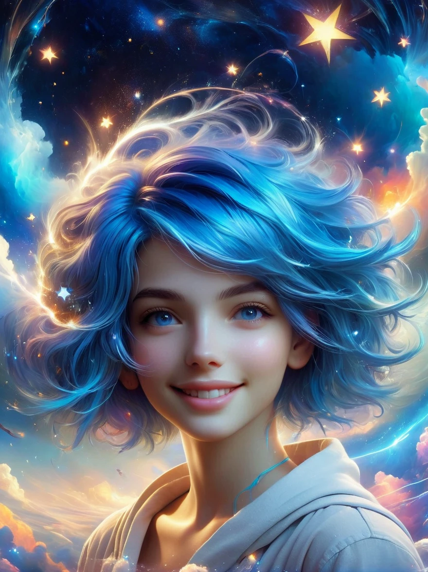 masterpiece, best quality, aesthetic, fantasy, illusion, 1girl, photo of cute girl, detailed face, relaxed smile, charming, asymmetrical hair, swaying hair, electric blue hair, glow, clouds, colorful sky, stars, broken, space style, swirl magic style, silva magic style, legendary, outstanding, exquisite, elegant, luxurious, creative, beautiful classic contemporary detailed cinematic composition, expressive dynamic dramatic atmosphere, spectacular lighting, symmetry, detailed, rich colors, ambient background, inspiring, lovely magnificent clear wonderful surreal perfect complex intricate colors, amazing epic huge momentum amazing strange fascinating massive