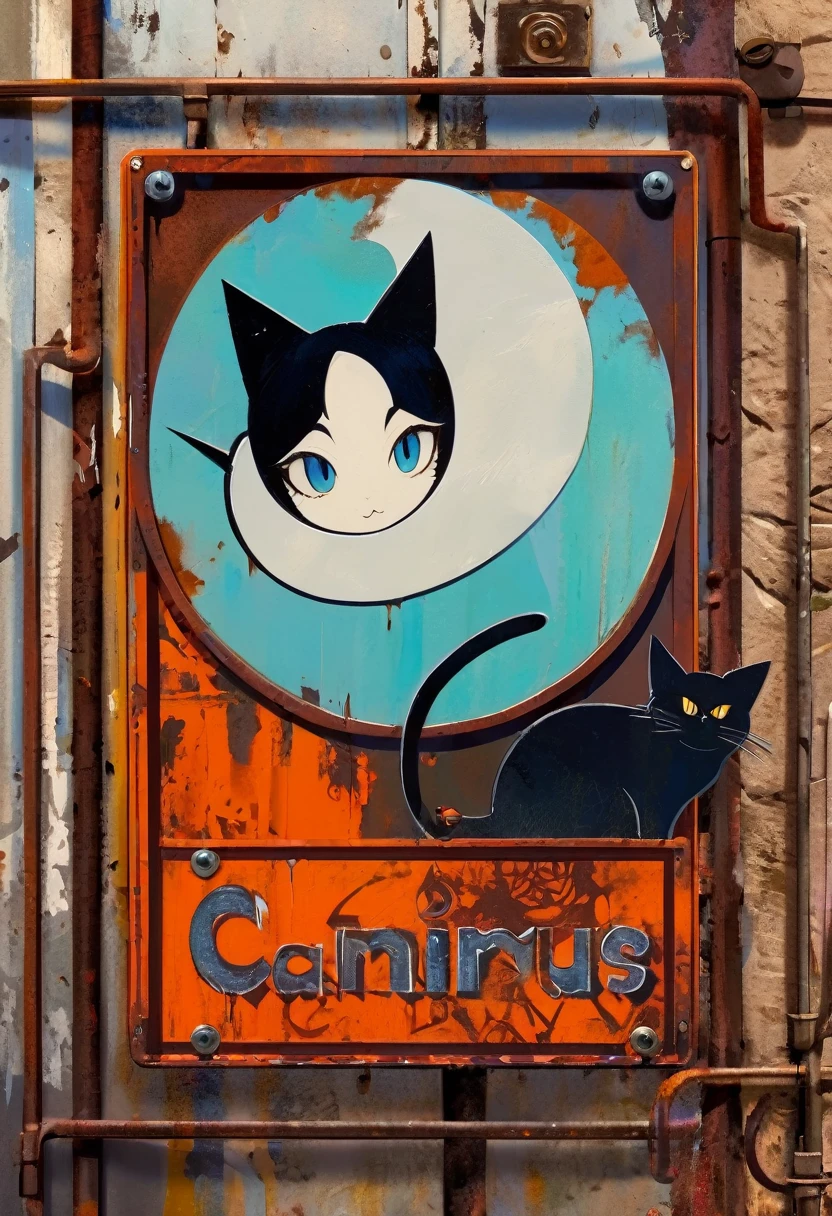 simple decorative rusty metal sign with a drawing of a satanic cat, dark, artwork inspired by Dave McKean, vivid colors, intricate details, oil painting.
