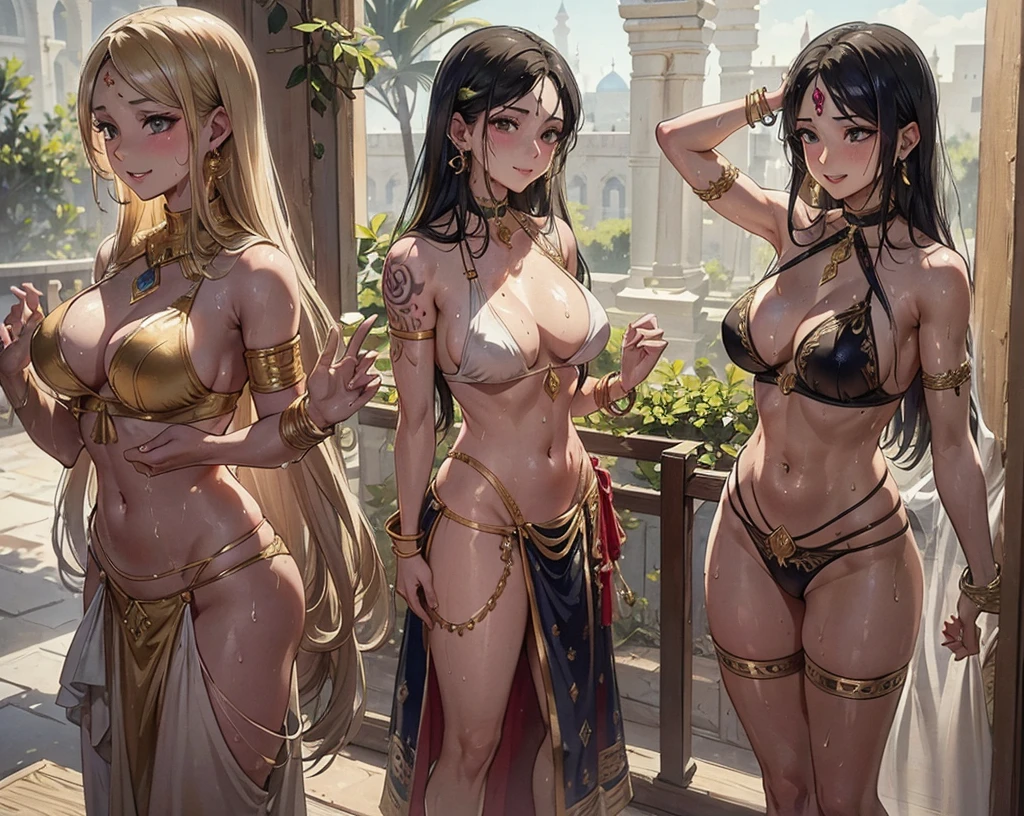 a group of Arab dancers in the middle of a palace, Arab clothes, breasts,sweaty body, wet body, lingerie, blonde hair, smile, belly tattoo, choker, sweaty body, wet body, long hair, navel, bracelet, earrings,