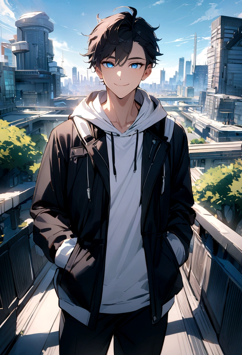 masterpiece,best quality,depth of field,8K,looking at the viewer,running shoes,black hair,blue eyes,afternoon,man,hands in pockets,smiling,alone,Handsome,(charismatic eyes 1:1),wseifuku,Black jacket over white hoodie,hooded,Future city,man,wearing a sports bag