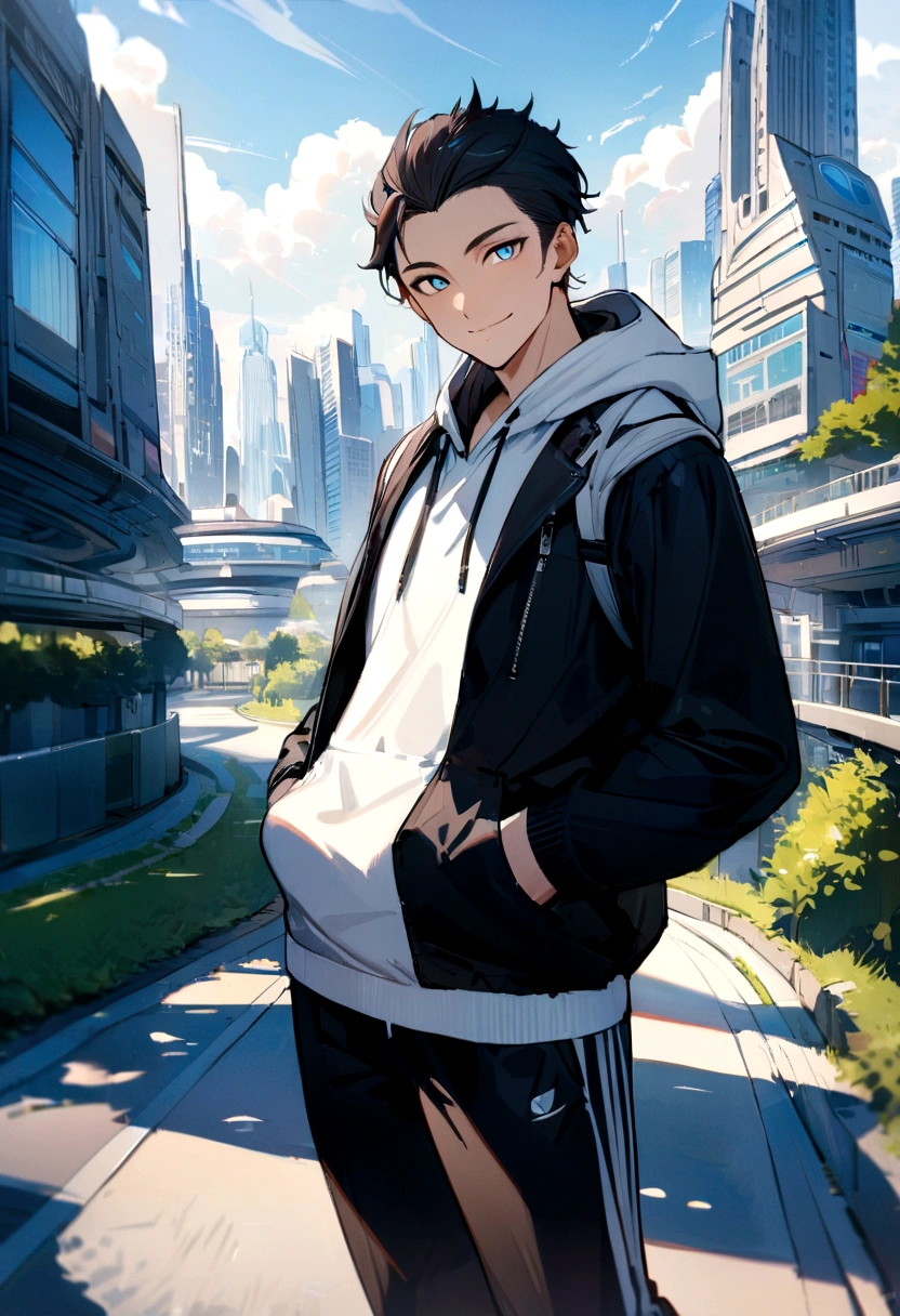 masterpiece,best quality,depth of field,8K,looking at the viewer,running shoes,black hair,blue eyes,afternoon,man,hands in pockets,smiling,alone,Handsome,(charismatic eyes 1:1),wseifuku,Black jacket over white hoodie,hooded,Future city,man,wearing a sports bag
