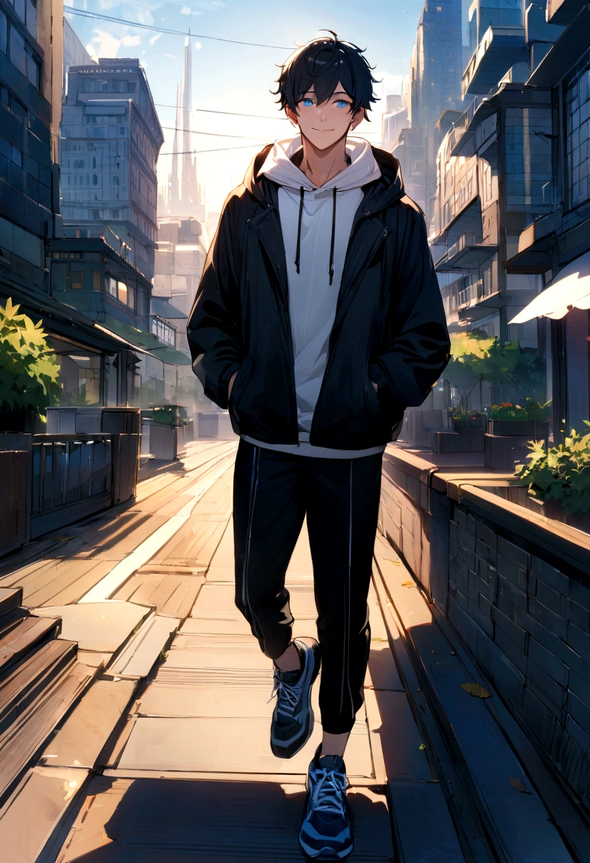 masterpiece,best quality,depth of field,8K,looking at the viewer,running shoes,black hair,blue eyes,afternoon,man,hands in pockets,smiling,alone,Handsome,(charismatic eyes 1:1),wseifuku,Black jacket over white hoodie,hooded,Future city,man,wearing a sports bag